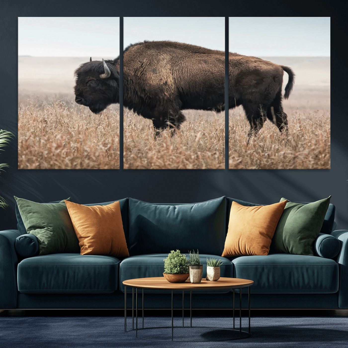 34451925-MGV-CV-36X24-Rustic Bison Decor Wall Art Canvas Print, Framed Buffalo Home Accent Art Picture Print, Prairie Wildlife Scene Perfect Western