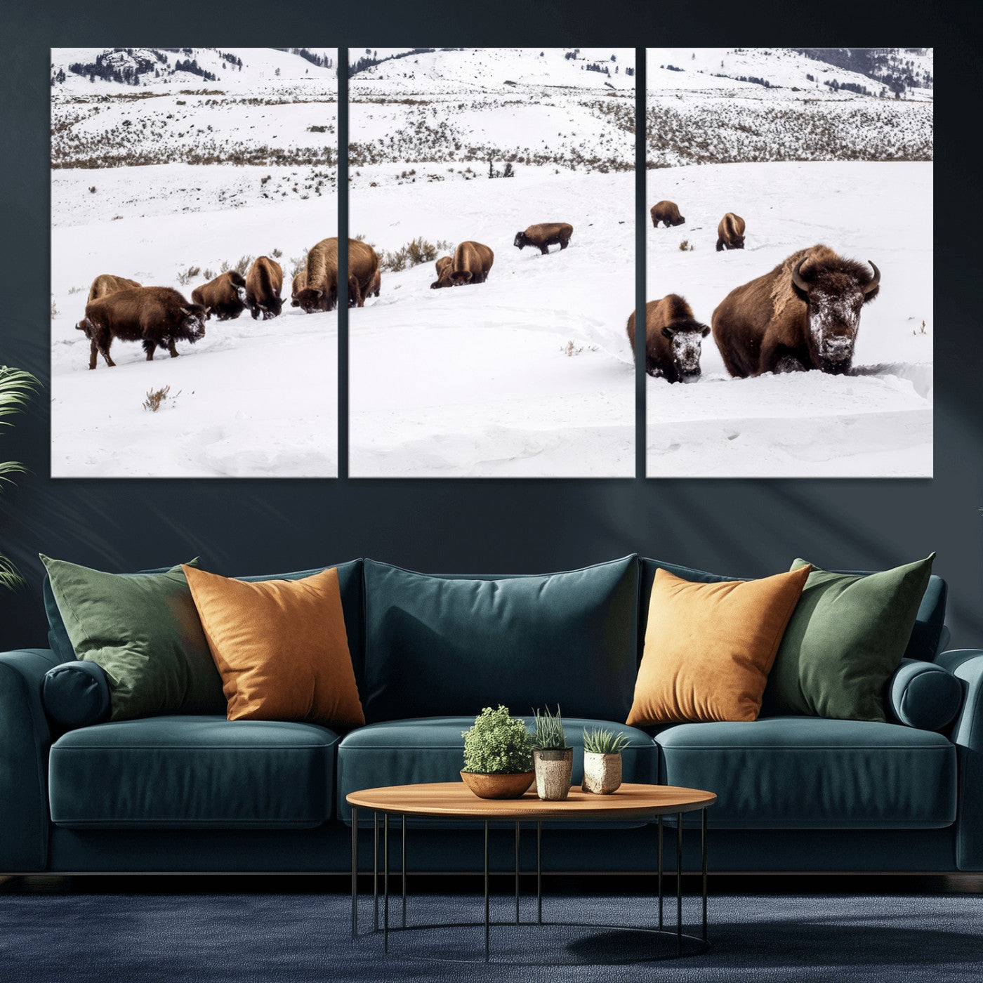 13891210-MGV-CV-36X24-Bison Herd Scene Wall Art Canvas Print, Framed Western Wildlife Decor Art Picture Print, Snowy Mountain Valley Perfect Rustic