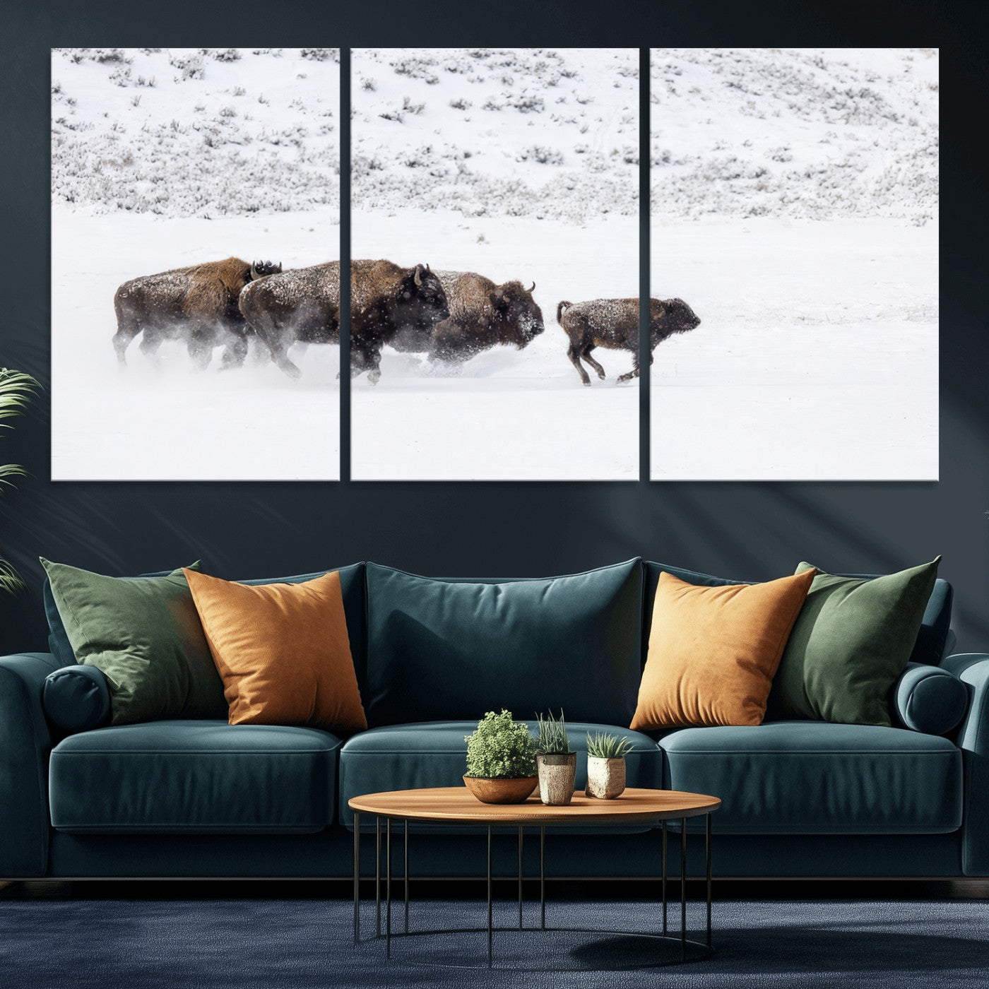 56216945-MGV-CV-36X24-Bison Herd Decor Wall Art Canvas Print, Framed Snowy Bison Scene Art Picture Print, Winter Wildlife Theme Perfect Rustic Western