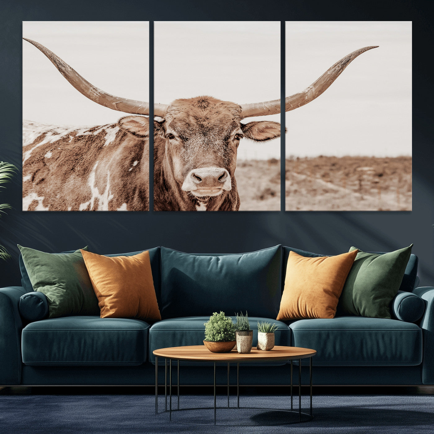 77810049-MGV-CV-36X24-Longhorn Bull Photo Wall Art Canvas Print, Framed Rustic Cow Decor Art Picture Print, Neutral Farmhouse Style Perfect Rustic