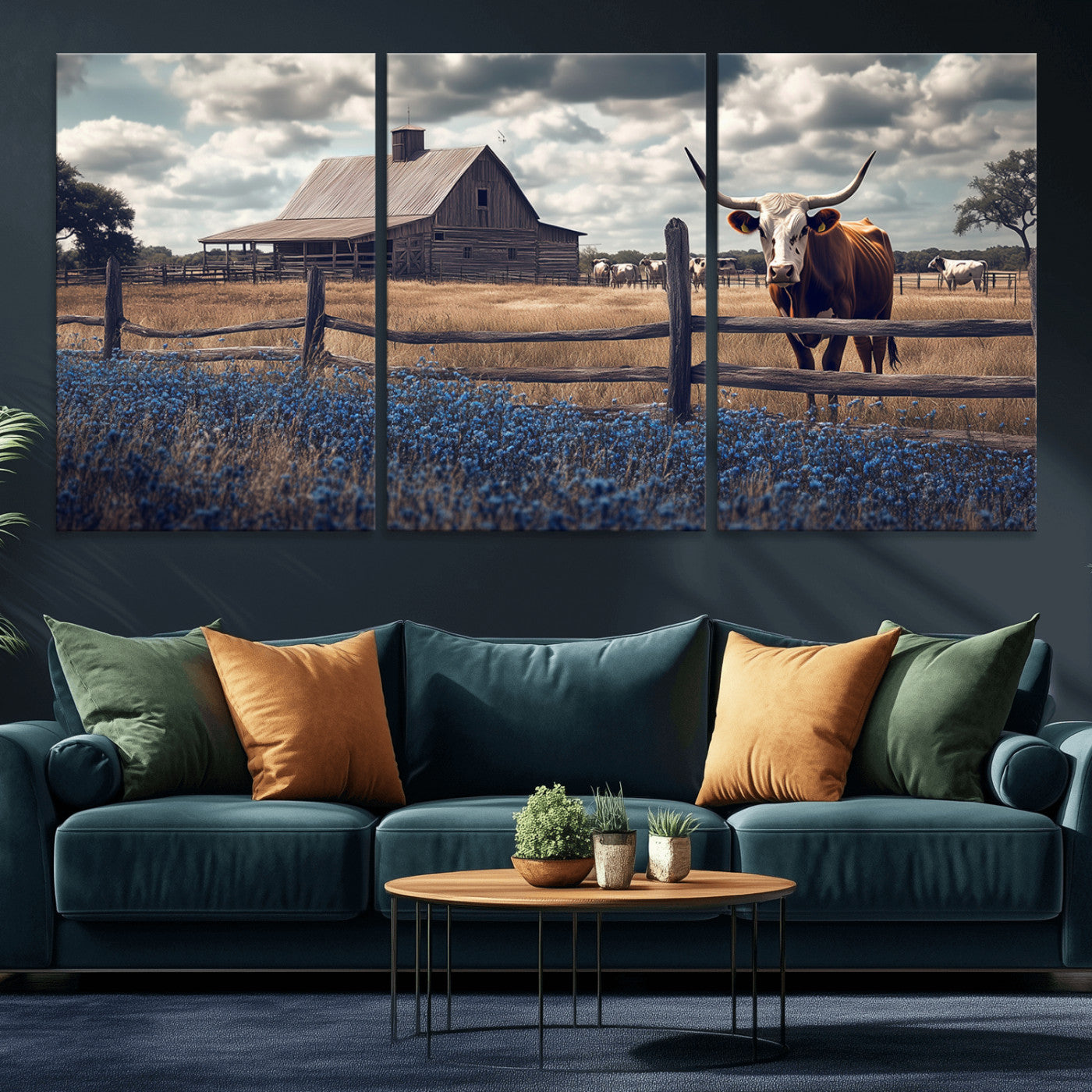 51092814-MGV-CV-36X24-Texas Longhorn Wall Art Wall Art Canvas Print, Framed Rustic Barn Canvas Art Picture Print, Farmhouse Cow Decor Perfect Rustic