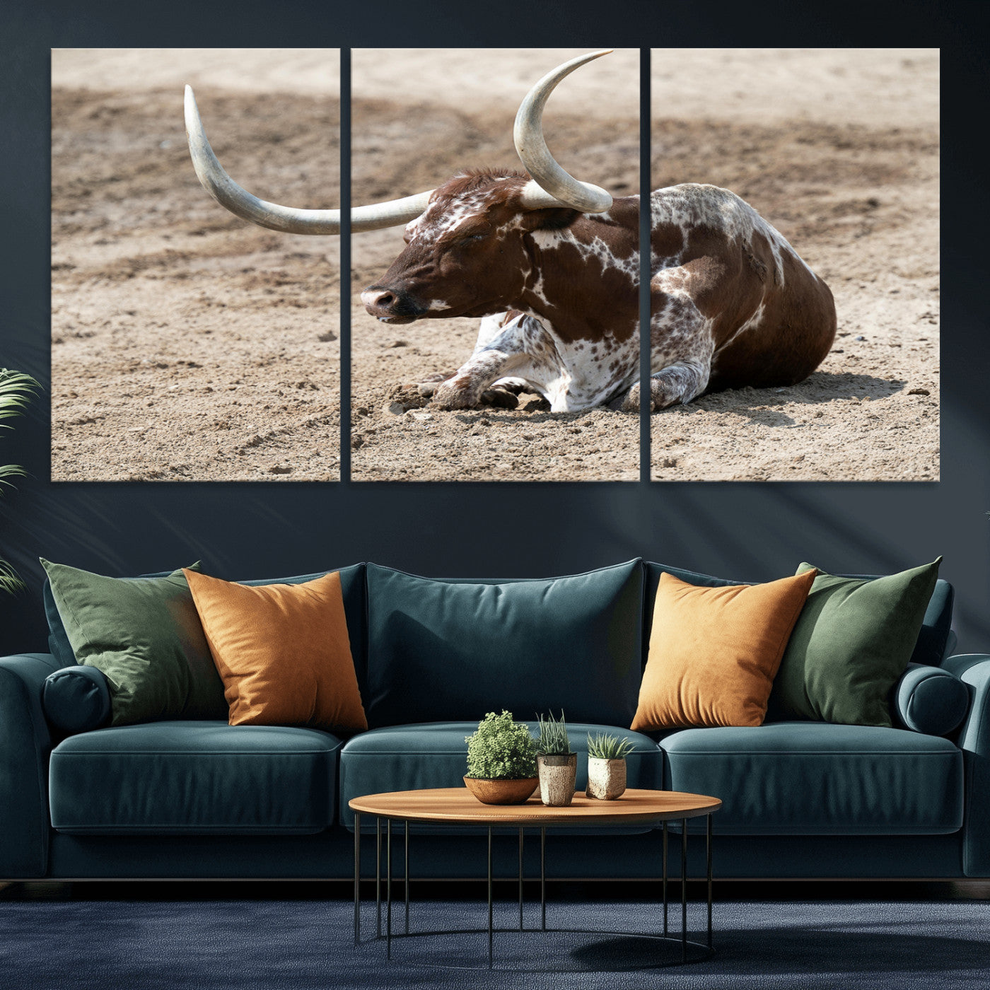 76549210-MGV-CV-36X24-Texas Longhorn Wall Art Canvas Print, Framed Country Living Art Picture Print, Farmhouse Aesthetic Perfect Western Rustic Decor