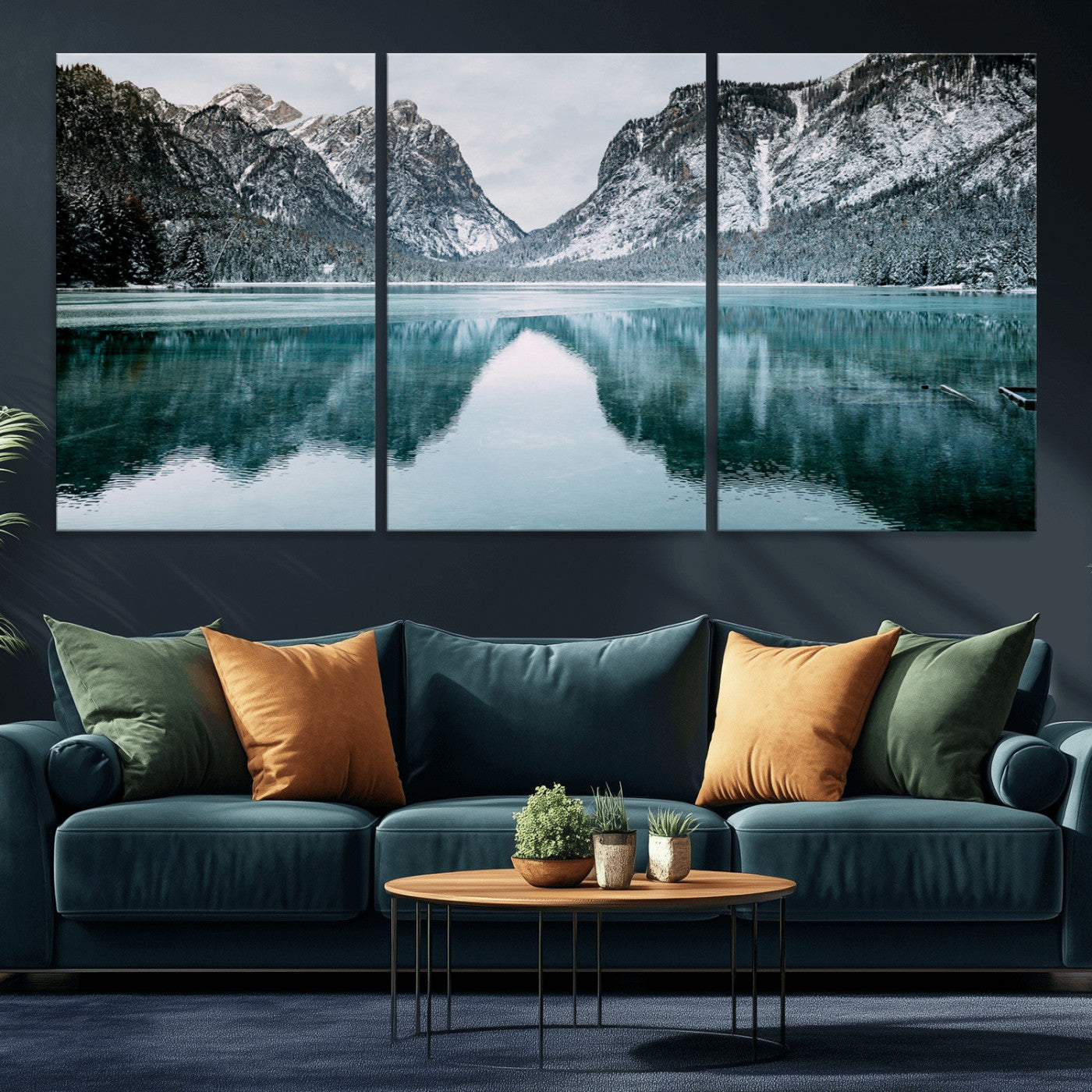 73098373-MGV-CV-36X24-Mountain Lake Wall Art Canvas Print, Framed Winter Wonderland Art Picture Print, Snowy Peaks Perfect Modern Nature Decor Artwork