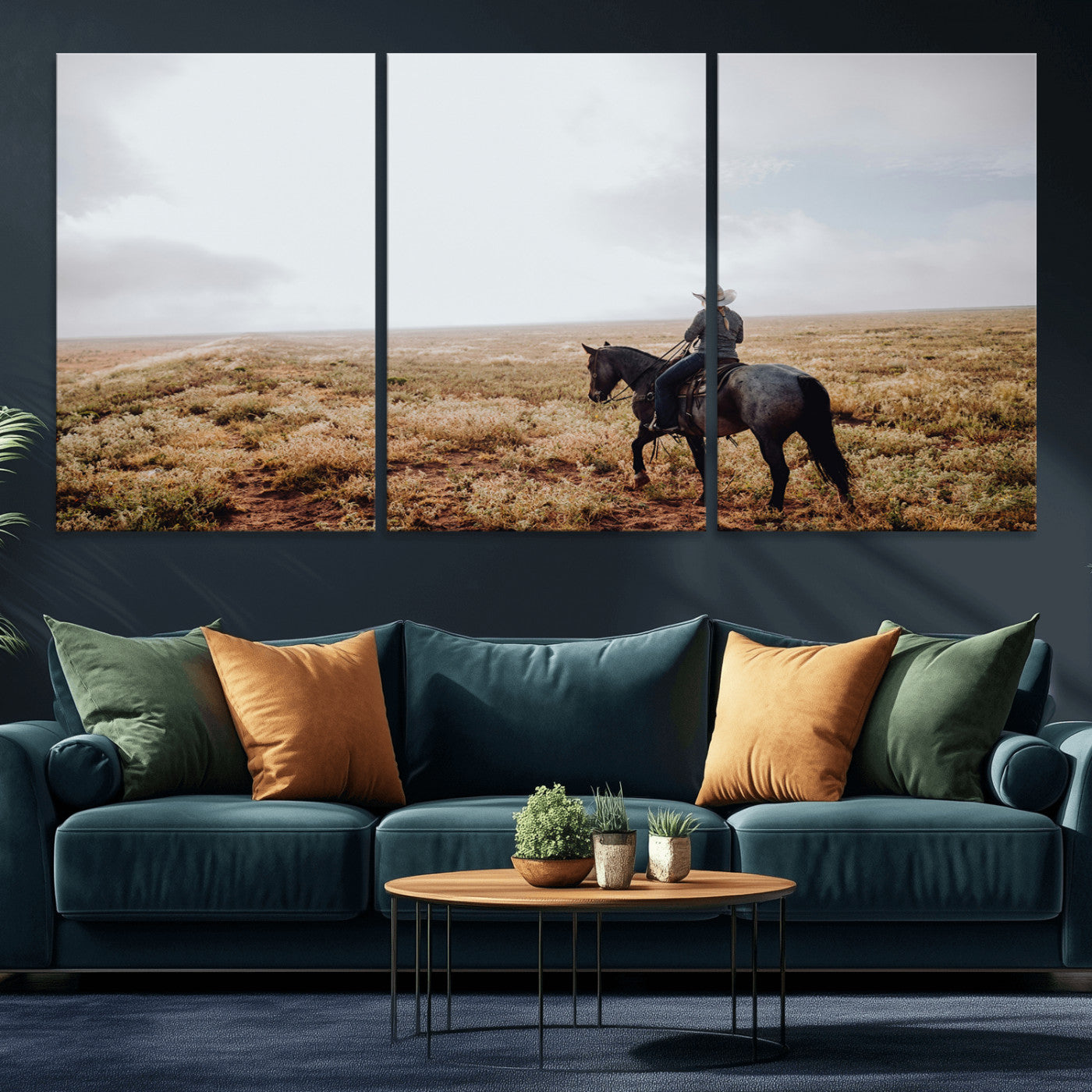 57597730-MGV-CV-60X30-3P-Cowboy Wall Art Wall Art Canvas Print, Framed Western Canvas Art Picture Print, Rustic Ranch Scene Perfect Rustic Western Decor