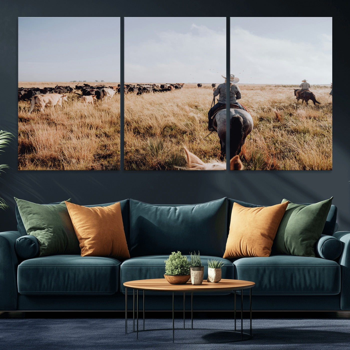 22431577-MGV-CV-36X24-Western Wall Art Wall Art Canvas Print, Framed Cowboy Canvas Art Picture Print, Cattle Drive Scene Perfect Rustic Western Decor