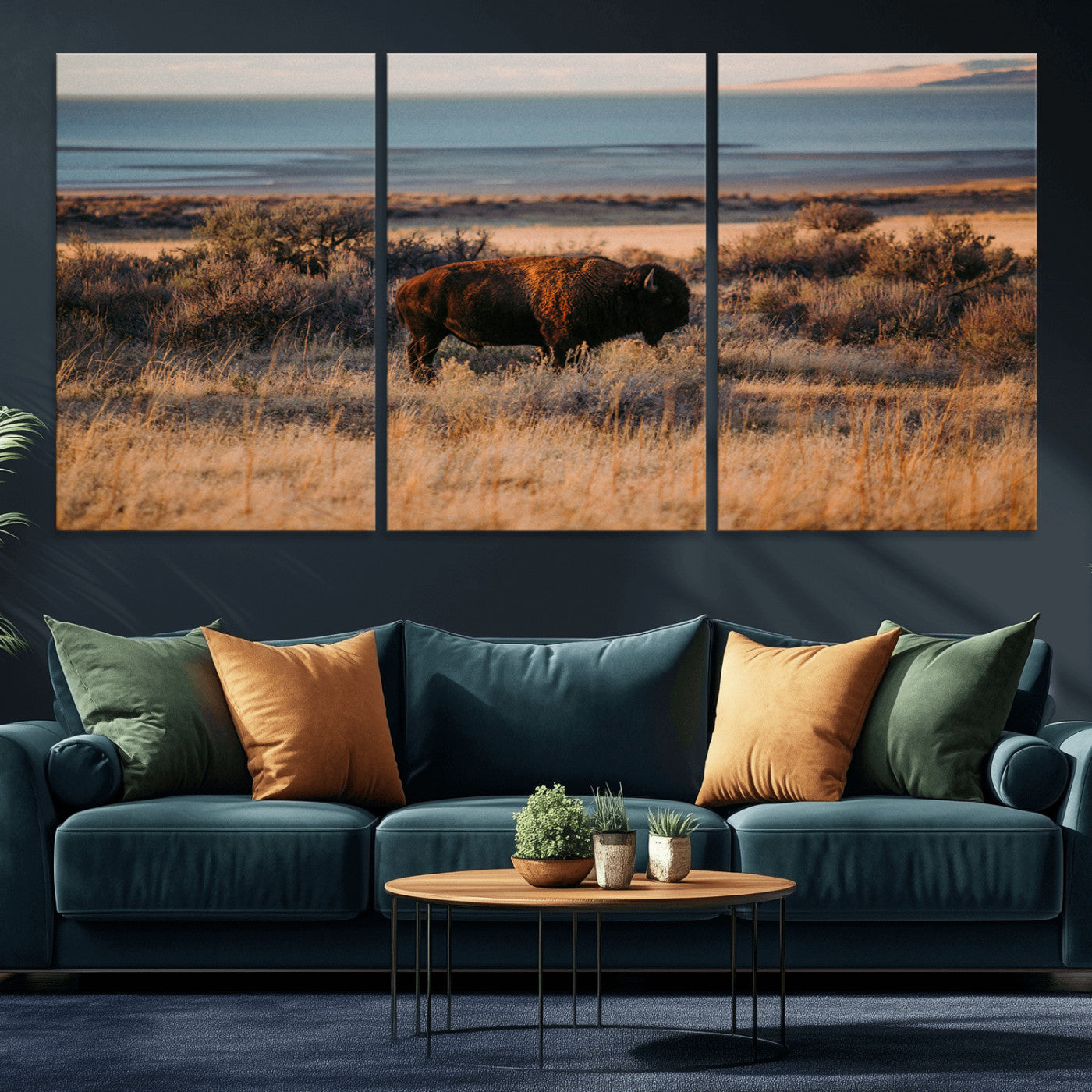 39509187-MGV-CV-36X24-Western Wildlife Wall Art Canvas Print, Framed Bison Art Picture Print, Golden Hour Perfect Western Rustic Decor Artwork