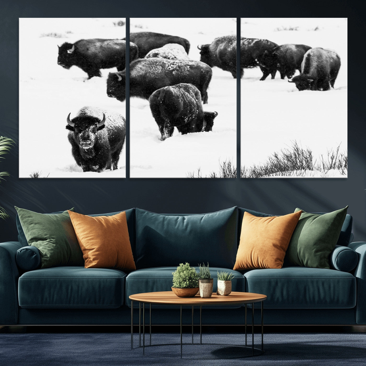 18914414-MGV-CV-36X24-Buffalo Herd Wall Art Canvas Print, Framed Black and White Art Picture Print, Snowy Landscape Perfect Rustic Lodge Decor Decor