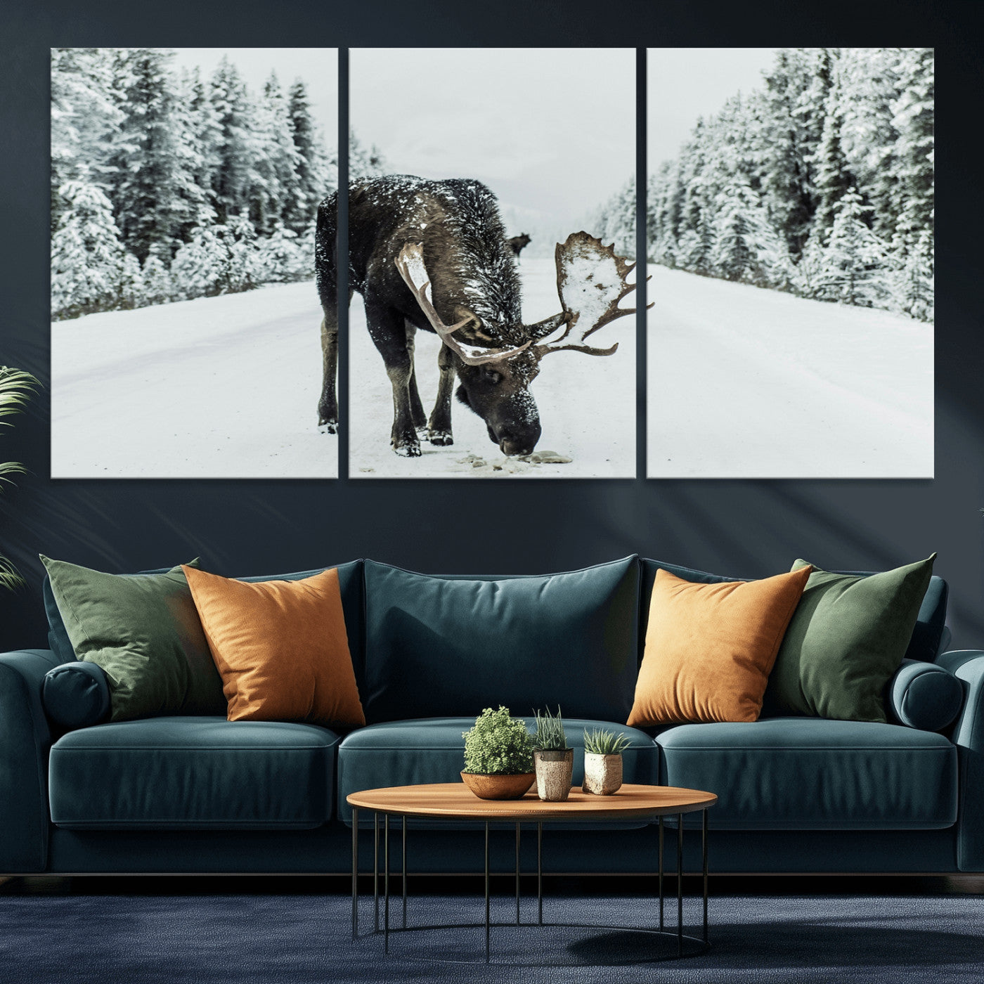 13316292-MGV-CV-36X24-Moose in Snow Wall Art Canvas Print, Framed Winter Wildlife Art Picture Print, Snowy Forest Scene Perfect Rustic Lodge Decor