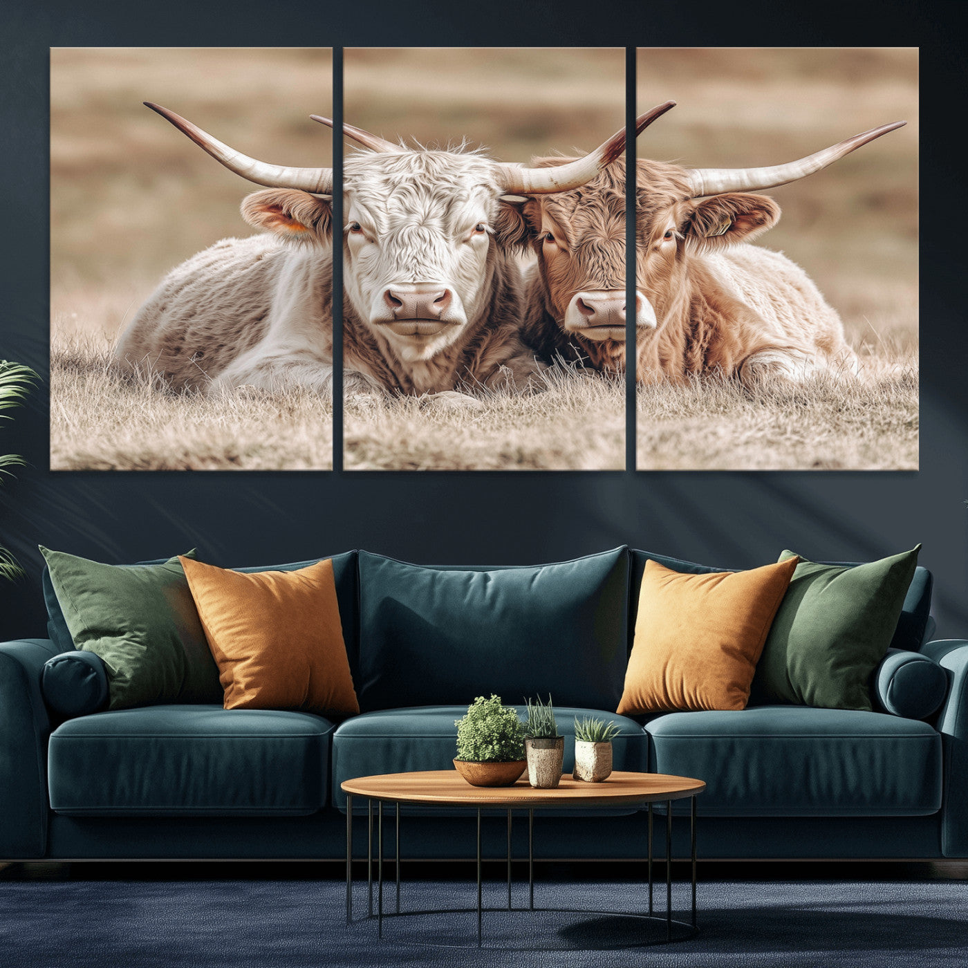 38651722-MGV-CV-36X24-Cow Wall Art – Rustic Longhorn Pair Canvas Print, Western Farmhouse Animal Painting, Country Ranch Decor for Living Room, Bedroom,
