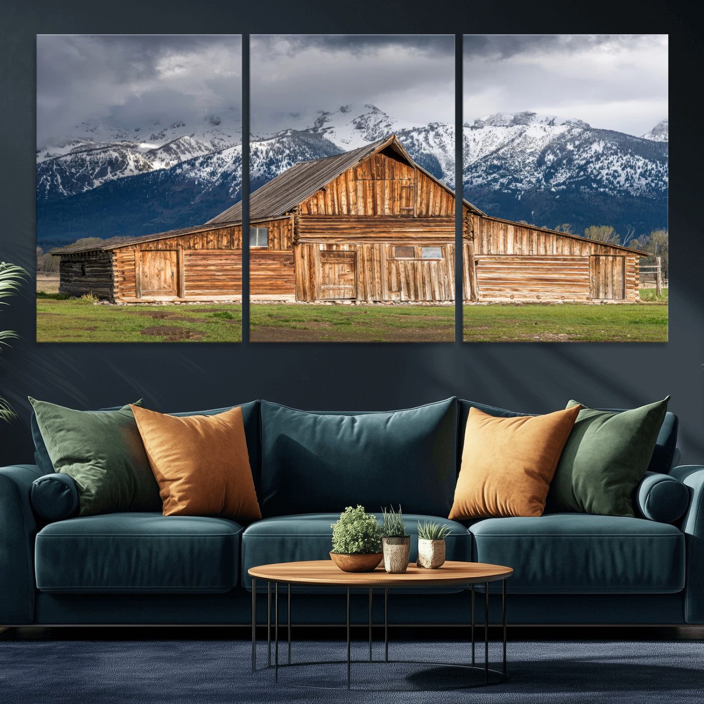 15173627-MGV-CV-36X24-Barn Wall Art – Rustic Wooden Cabin Canvas Print with Snowy Mountain Landscape, Western Farmhouse Country Decor for Living Room,