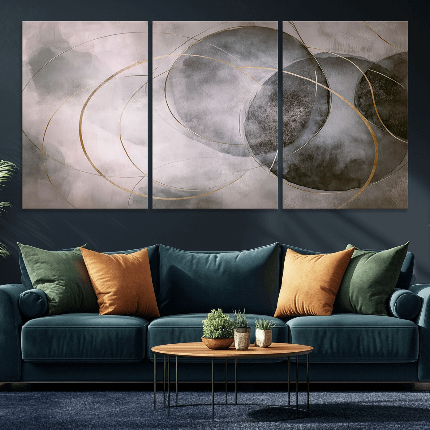 20066876-MGV-CV-36X24-Neutral Abstract Circle Wall Art – Modern Gray Beige Gold Canvas Print, Minimalist Geometric Painting for Bedroom, Living Room,