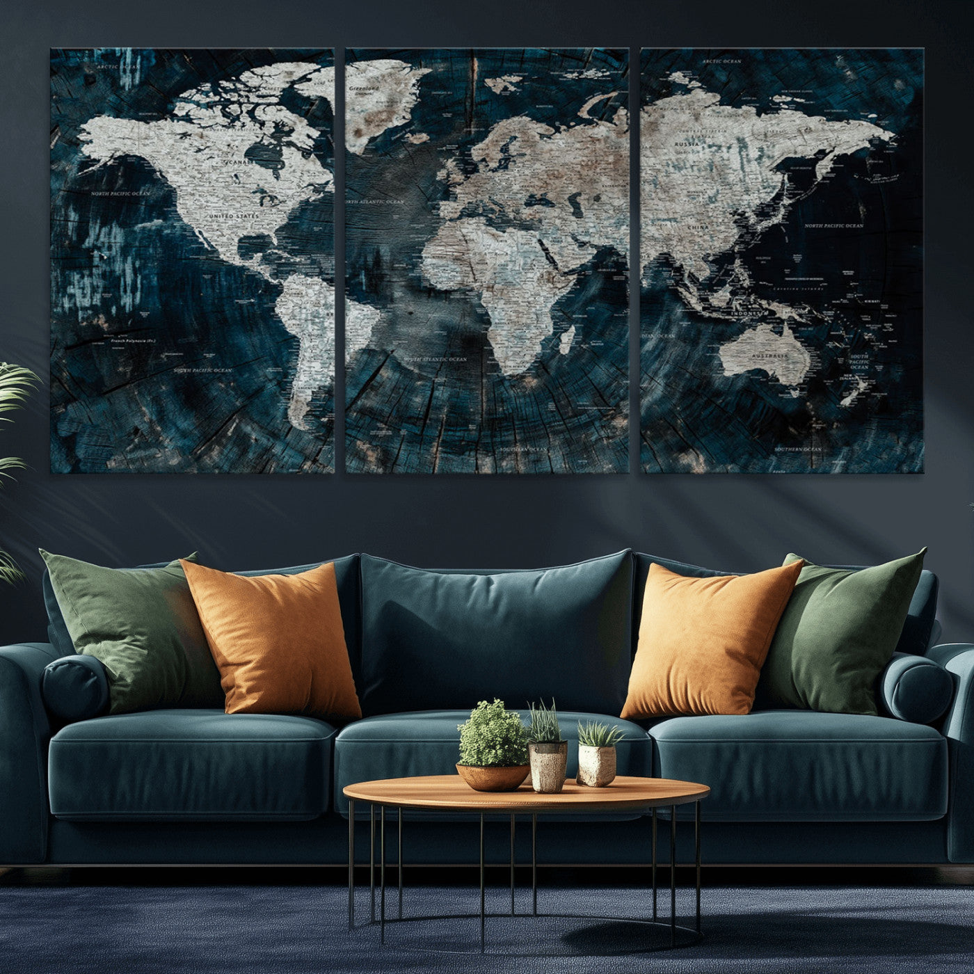 34425609-MGV-CV-36X24-World Map Wall Art – Rustic Navy and Grey Atlas Canvas Print, Distressed Explorer Map Artwork, Industrial Style Decor for Office,