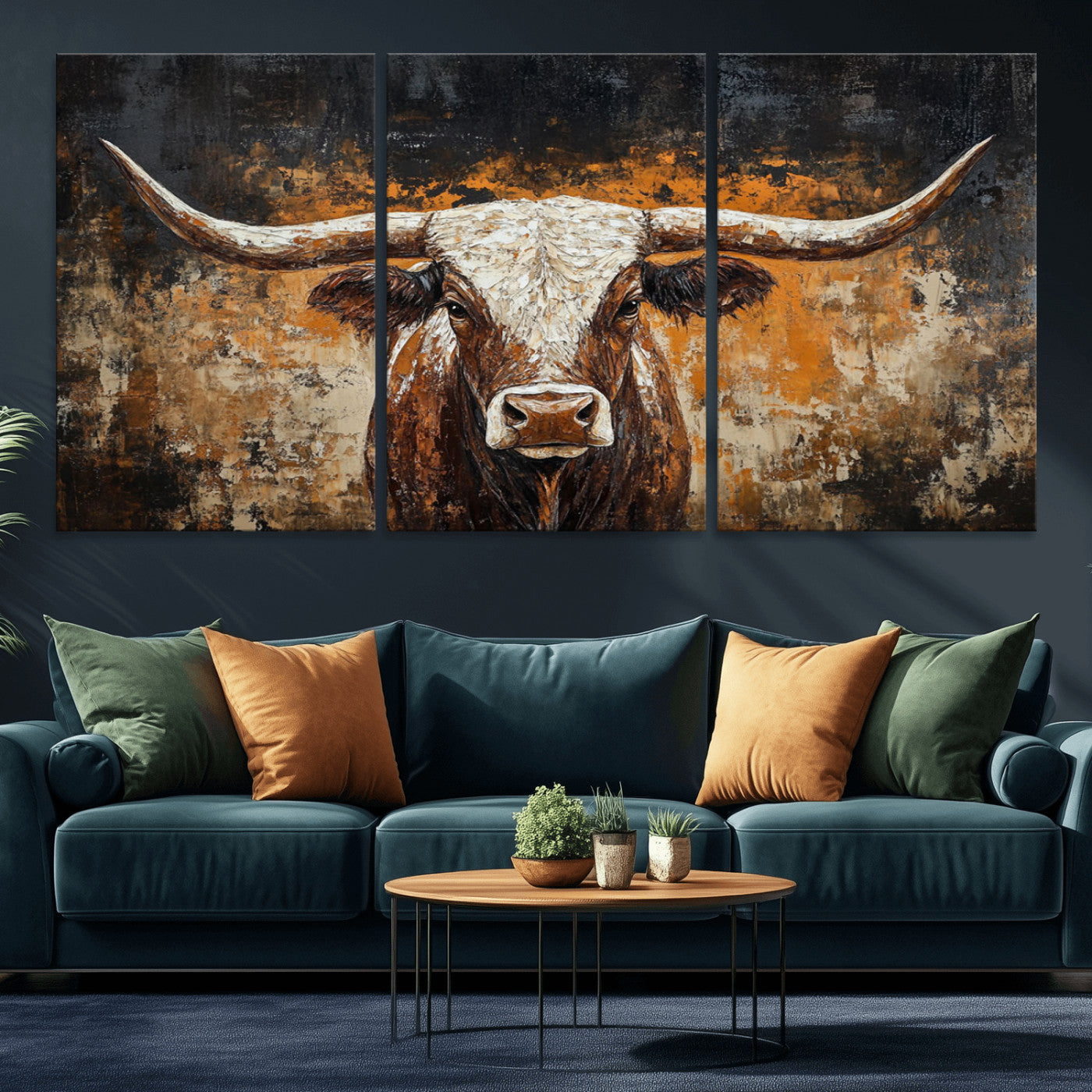 25265572-MGV-CV-36X24-Longhorn Bull Wall Art – Rustic Western Texas Steer Canvas Print, Textured Animal Painting for Home, Office, Man Cave or Farmhouse