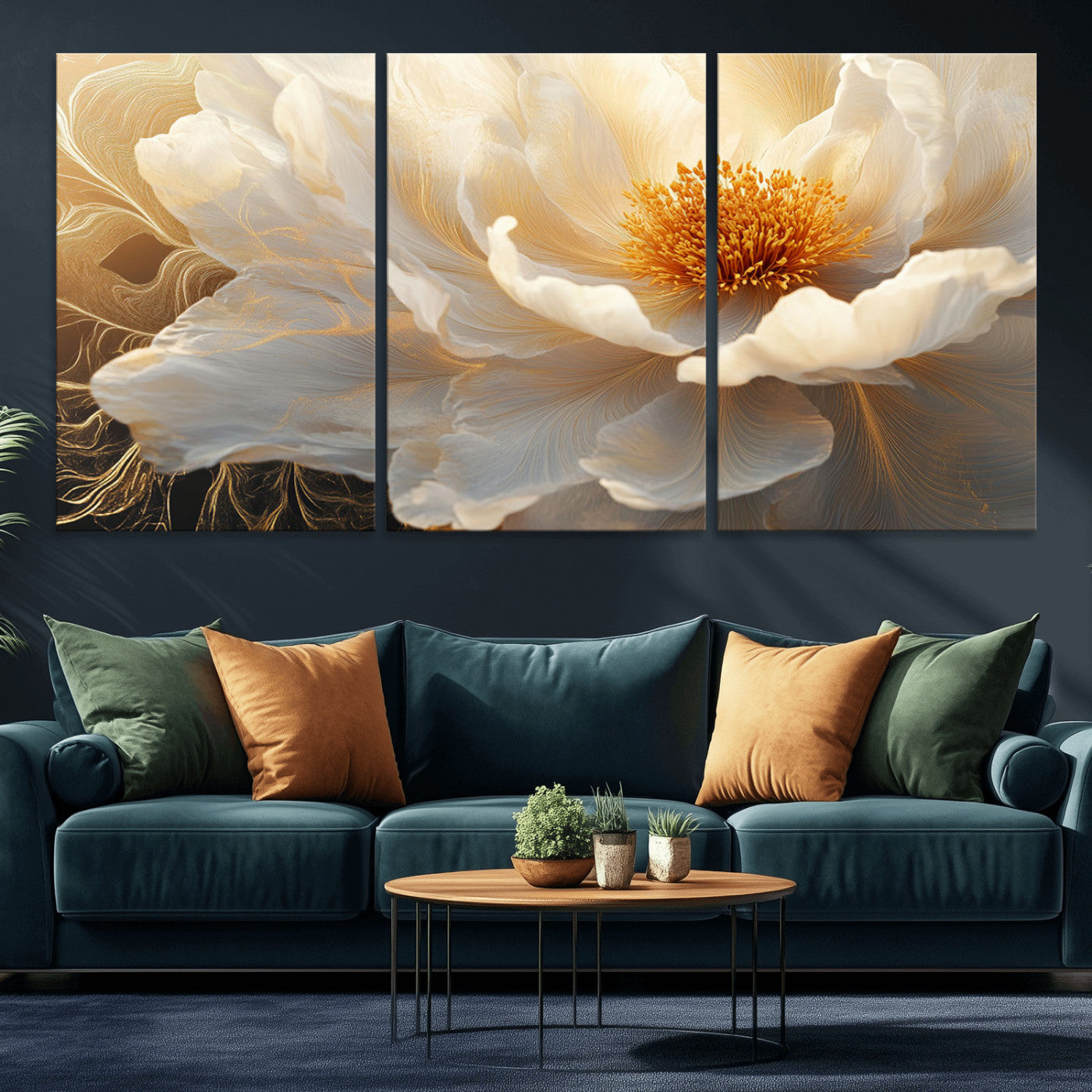 29539087-MGV-CV-36X24-Floral Wall Art – Elegant White and Gold Bloom Canvas Print, Romantic Modern Flower Artwork for Bedroom, Living Room, or Office