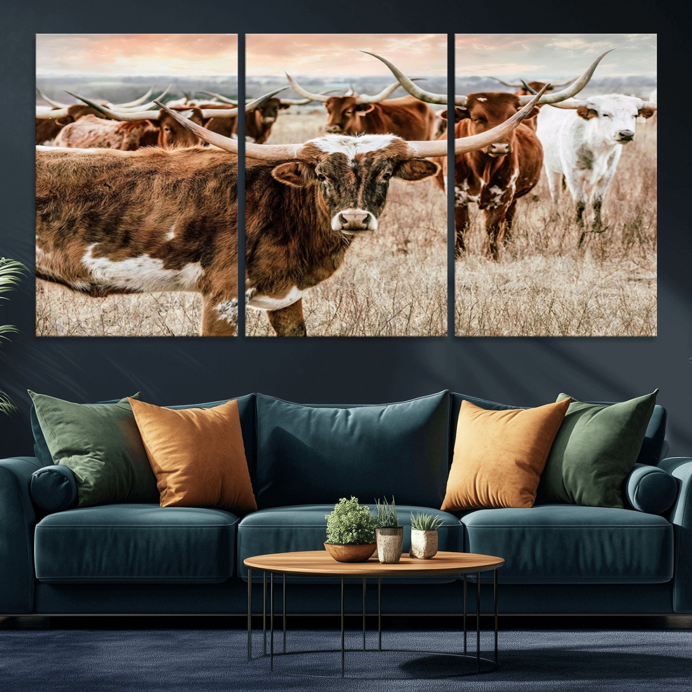 47758300-MGV-CV-36X24-Texas Longhorn Cattle Wall Art – Rustic Western Herd Canvas Print, Cowboy Ranch Farmhouse Decor for Living Room, Office, or