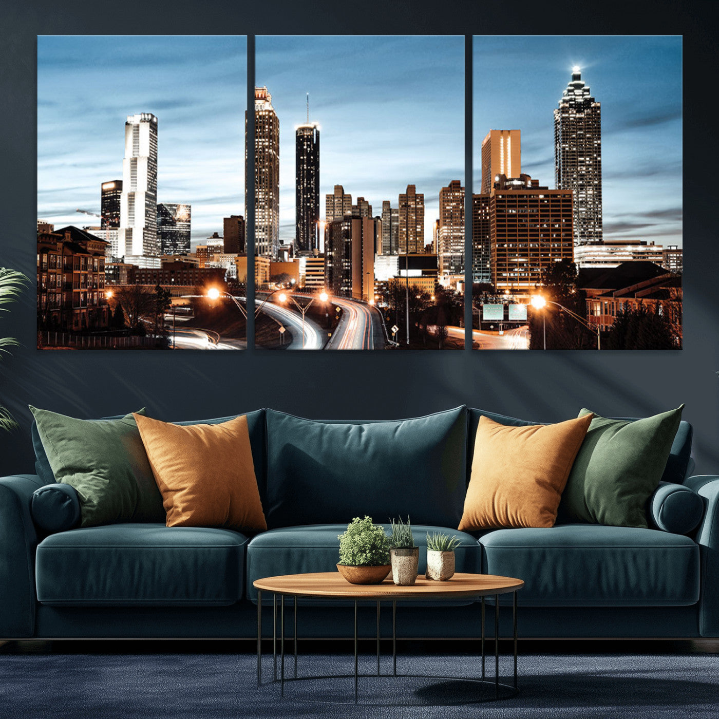 23859158-MGV-CV-36X24-Atlanta Skyline Wall Art – Modern Cityscape Canvas Print with Night Lights and Traffic Trails, Urban Decor for Office, Apartment,