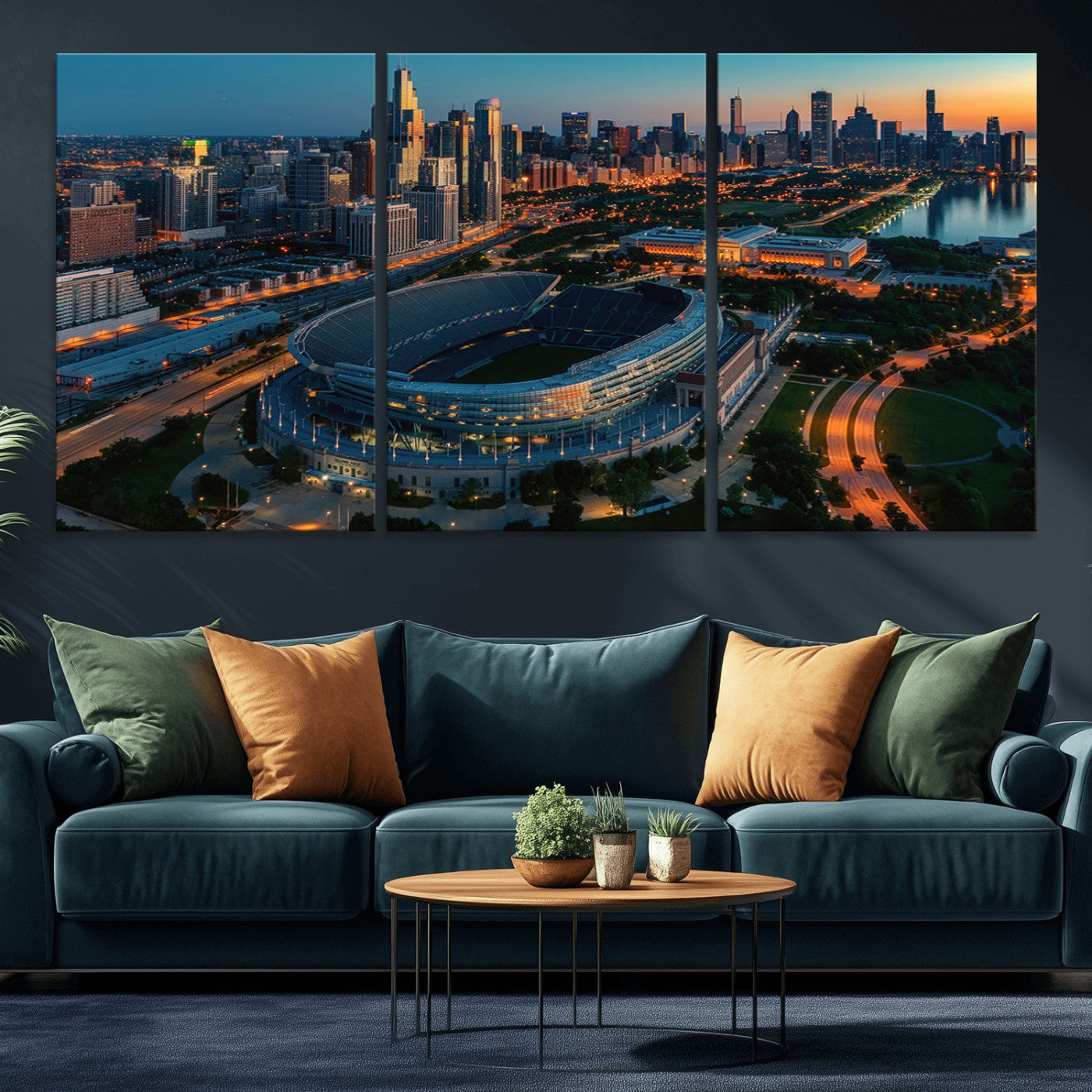 36690345-MGV-CV-36X24-Soldier Field Wall Art – Chicago Bears Stadium Aerial Night Canvas Print, City Skyline Football Decor for Living Room, Office, or