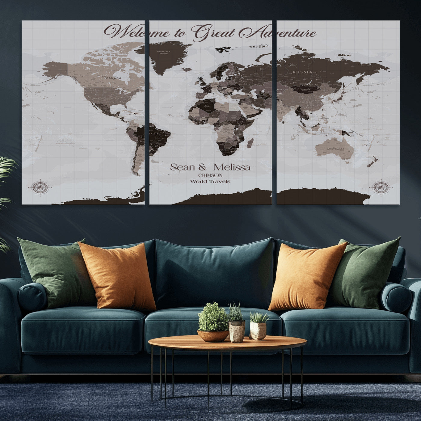 43749658-MGV-CV-36X24-Welcome to Great Adventure World Map Wall Art – Charcoal Gray Canvas Print, Rustic Travel Decor for Living Room, Study, Office or
