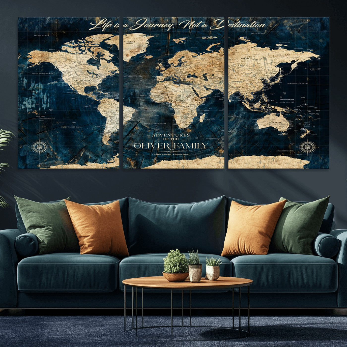 36970886-MGV-CV-36X24-Life is a Journey Not a Destination World Map Rustic Navy Beige Vintage Travel Wall Art Adventure Quote Canvas Print for Home