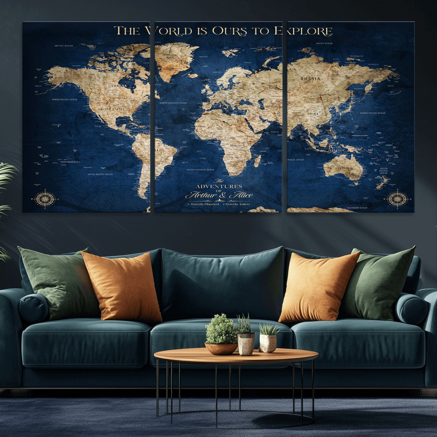 54782997-MGV-CV-36X24-The World is Ours to Explore Wall Art – Blue World Map Canvas Print, Adventure Travel Decor for Home, Office or Living Room,