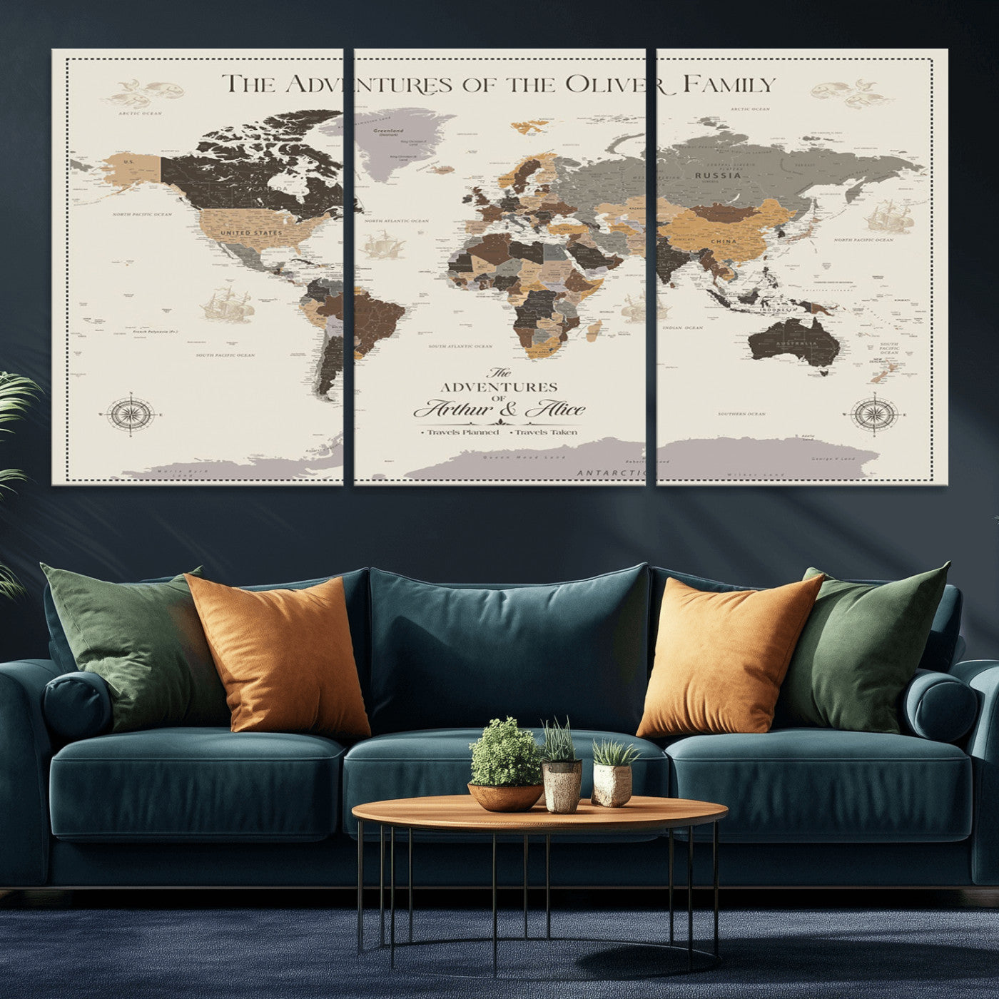 38723540-MGV-CV-36X24-Adventures of the Oliver Family Wall Art – Earth Tone World Map Canvas Print, Minimalist Travel Decor for Living Room, Bedroom or