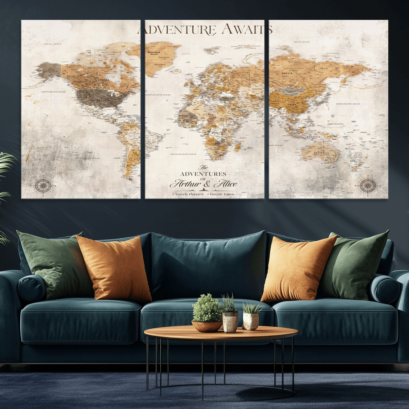 99422096-MGV-CV-36X24-Adventure Awaits World Map Wall Art – Neutral Beige Canvas Print, Modern Travel Inspired Wall Decor for Living Room, Bedroom or