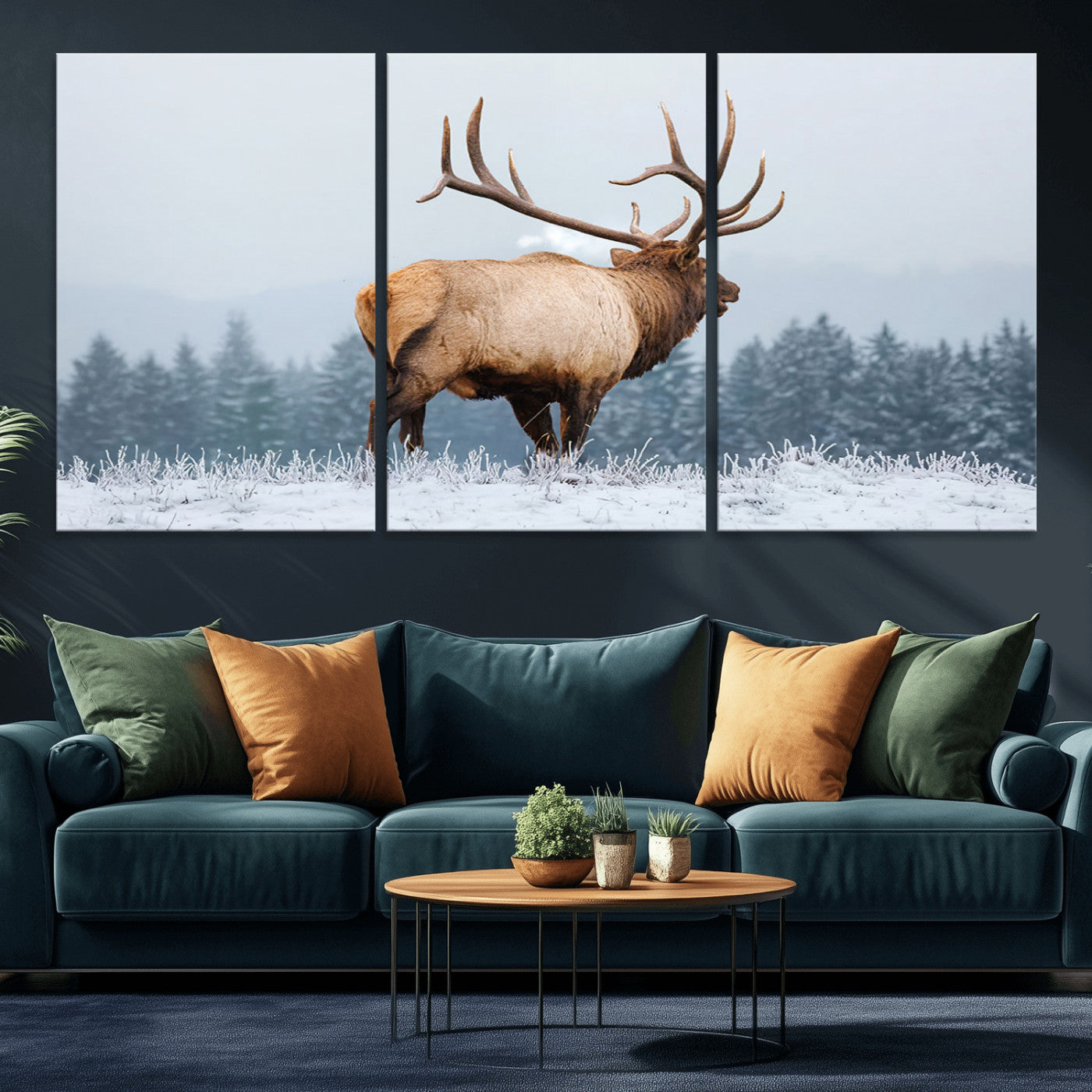 85177251-MGV-CV-36X24-Elk Wall Art – Majestic Wildlife Canvas Print of Bull Elk Snowy Forest, Rustic Nature Decor for Living Room, Cabin, or Office