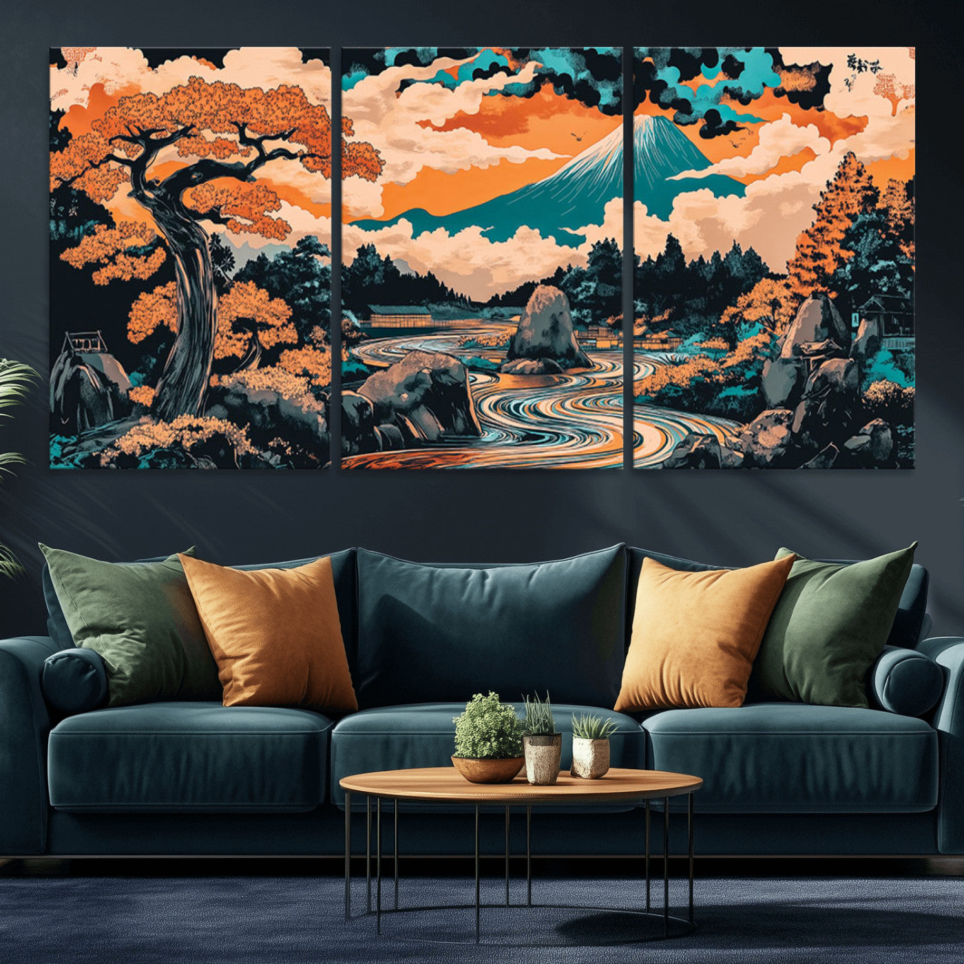 21638941-MGV-CV-36X24-Japanese Landscape Wall Art – Mount Fuji and Flowing River Ukiyo-e Style Canvas Print, Traditional Japan Inspired Artwork for