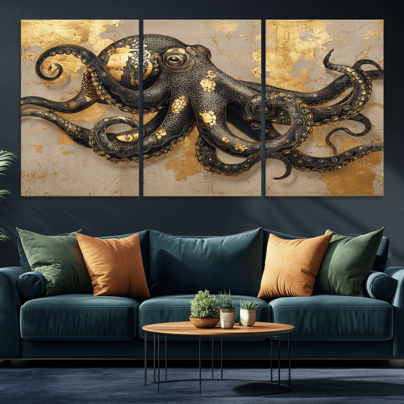 57944271-MGV-CV-36X24-Octopus Wall Art – Black and Gold Nautical Canvas Print, Modern Ocean Inspired Artwork with Elegant Detailing, Coastal Marine