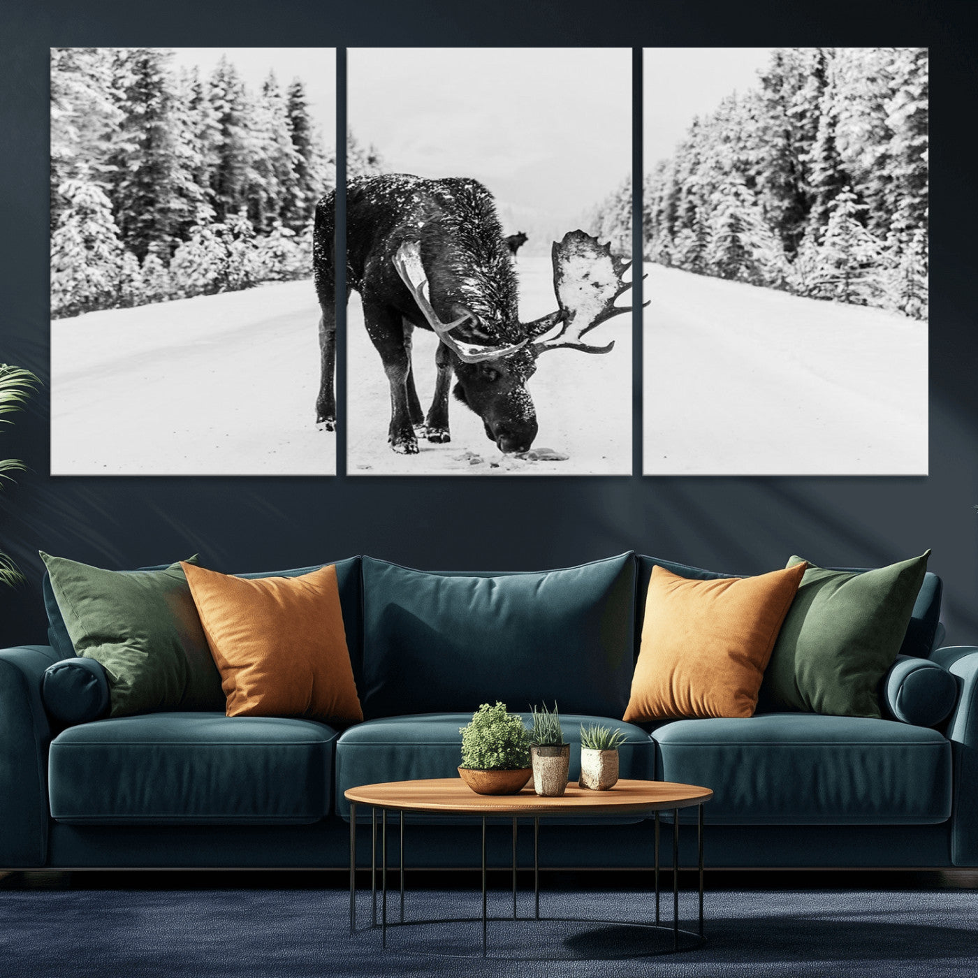 38956835-MGV-CV-36X24-Moose Winter Snowy Forest Canvas Wall Art – Wildlife Nature, Antlers in Frozen Landscape, Quiet Path, Cold Season Outdoors Print