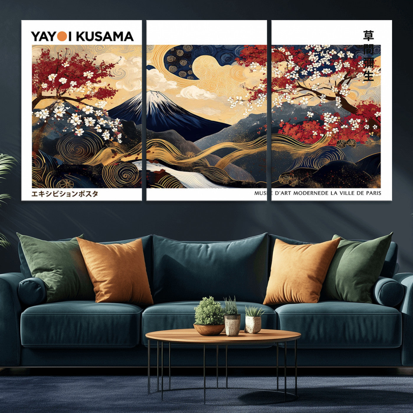 28945903-MGV-CV-36X24-Yayoi Kusama Inspired Japanese Art Canvas Print – Framed Floral & Mt. Fuji Wall Decor, Modern Asian Style Canvas for Home, Office,