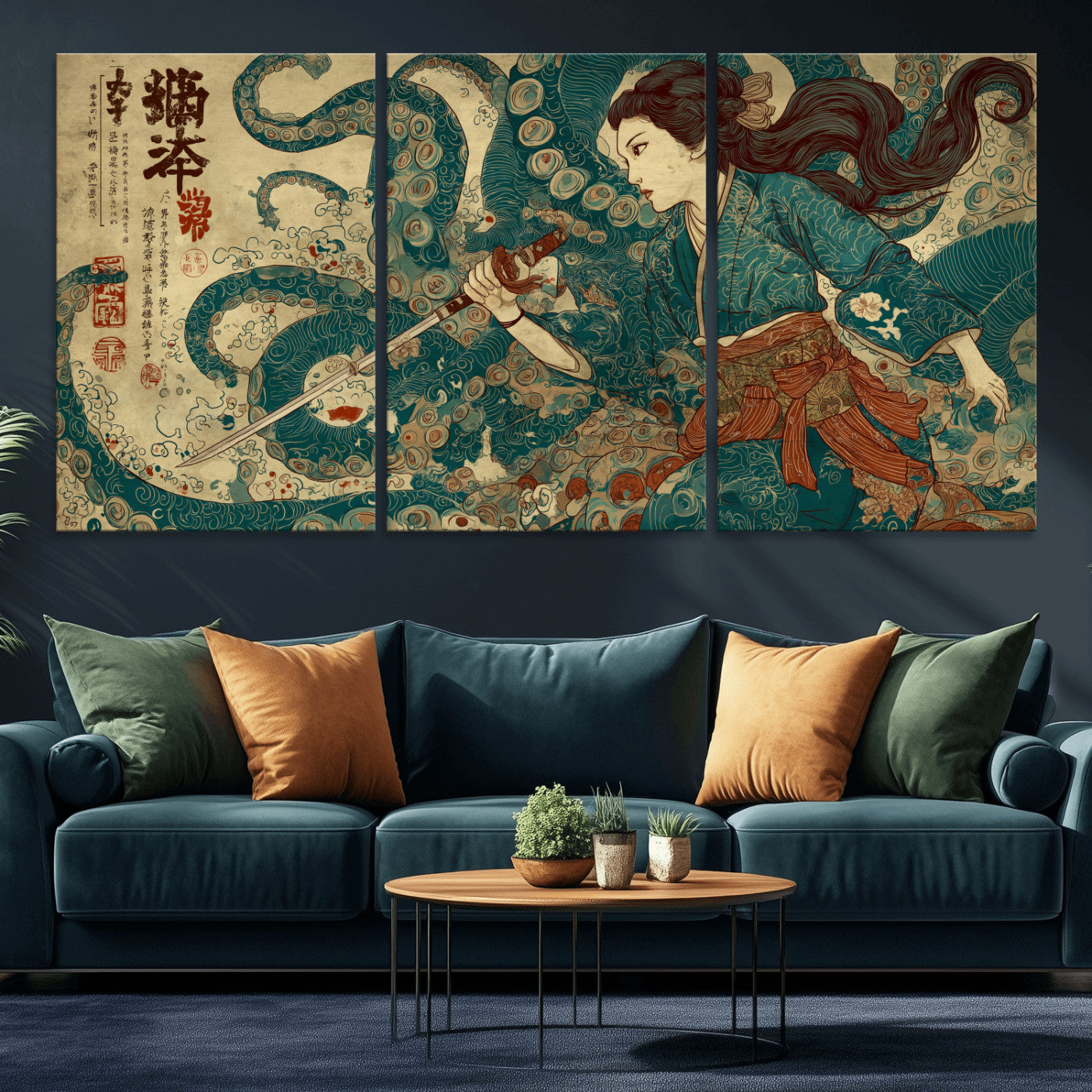 46837670-MGV-CV-36X24-Tsukioka Yoshitoshi Samurai Wall Art Print, Japanese Katana Warrior Canvas Wall Art, Octopus Sea Monster Canvas Print,