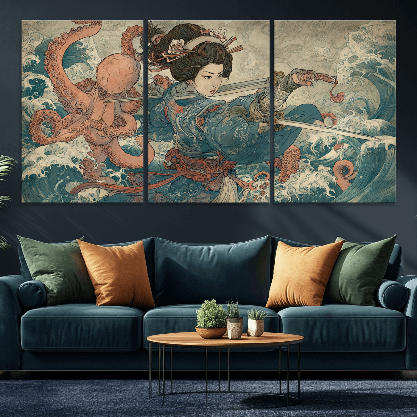 52037775-MGV-CV-36X24-Samurai Woman Wall Art – Japanese Ukiyo e Style Canvas Print with Katana, Ocean Waves and Octopus, Traditional Asian Inspired