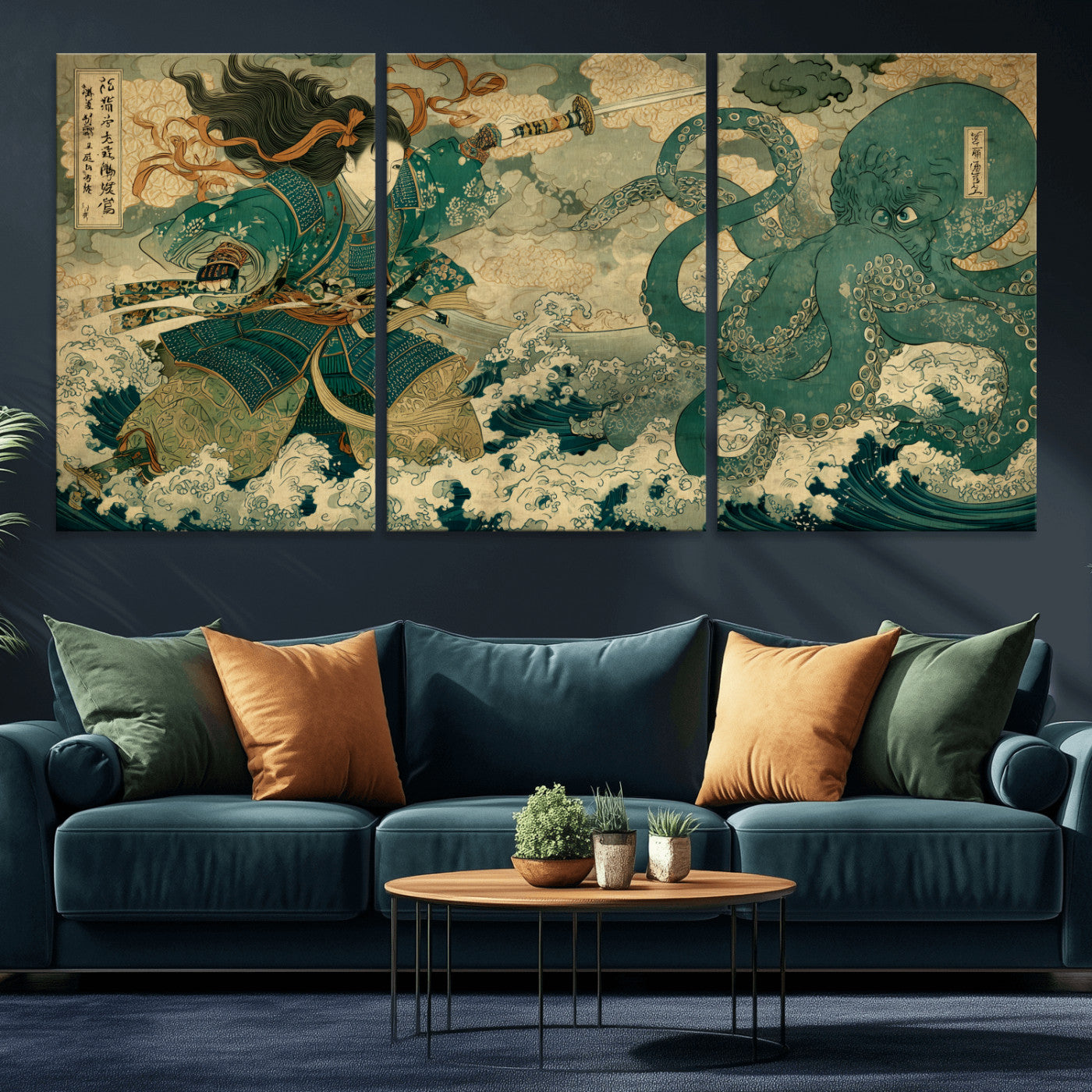24416422-MGV-CV-36X24-Samurai vs Octopus Wall Art – Japanese Warrior Ocean Battle Canvas Print, Ukiyo e Inspired Decor for Home, Office, or Man Cave