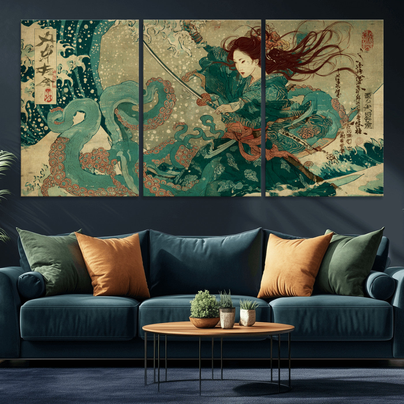 86918027-MGV-CV-36X24-Samurai Warrior vs Octopus Wall Art – Japanese Ukiyo-e Ocean Battle Canvas Print, Traditional Samurai Artwork for Living Room,
