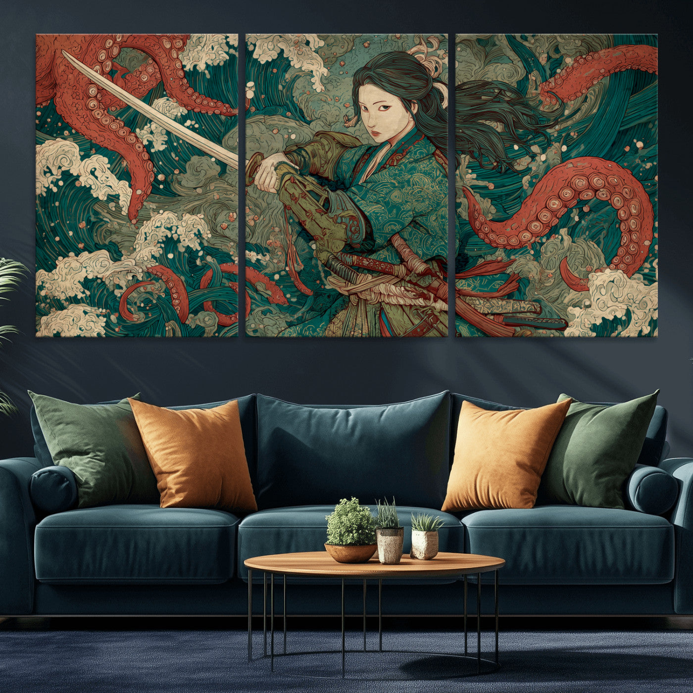 35461724-MGV-CV-60X30-3P-Samurai Woman vs Octopus Wall Art – Japanese Ukiyo-e Ocean Waves Canvas Print, Red Tentacle Battle Artwork for Living Room,