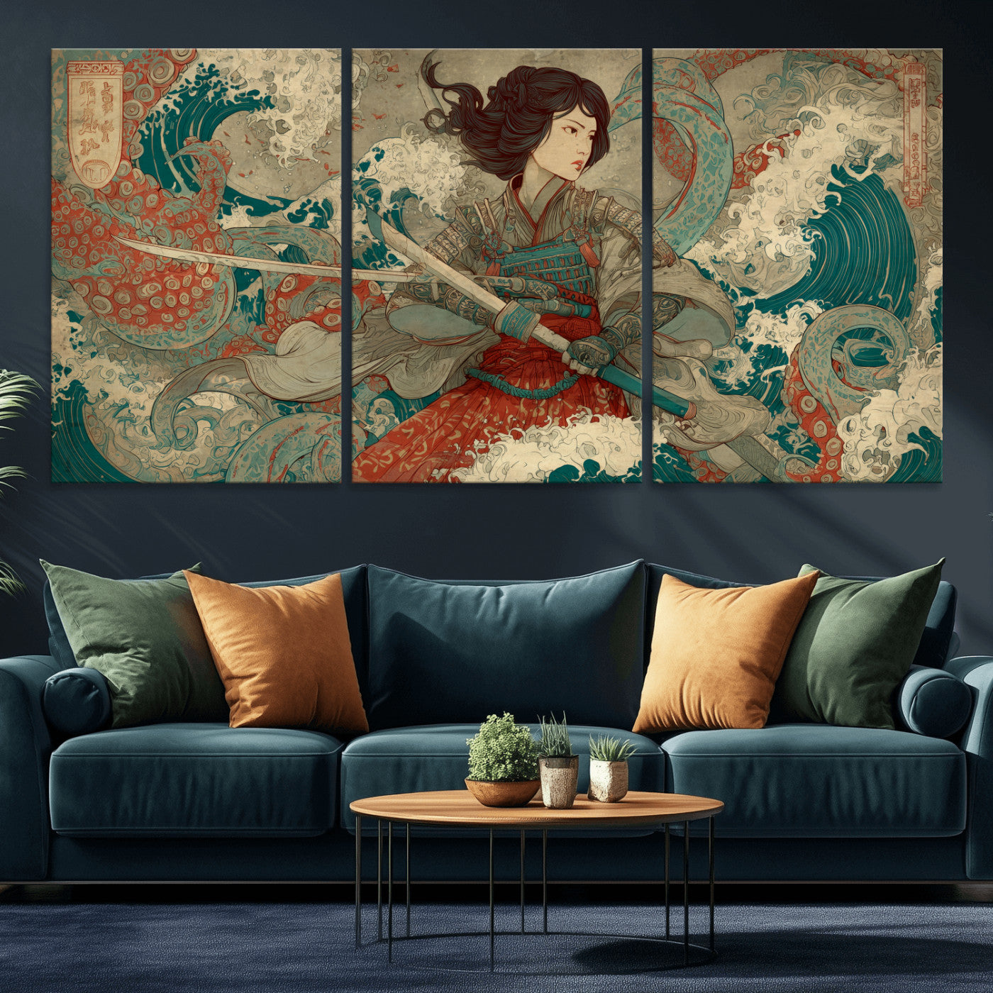 63377977-MGV-CV-36X24-Tsukioka Yoshitoshi Samurai Wall Art Print, Japanese Katana Warrior Canvas Wall Art, Octopus Sea Monster Canvas Print,