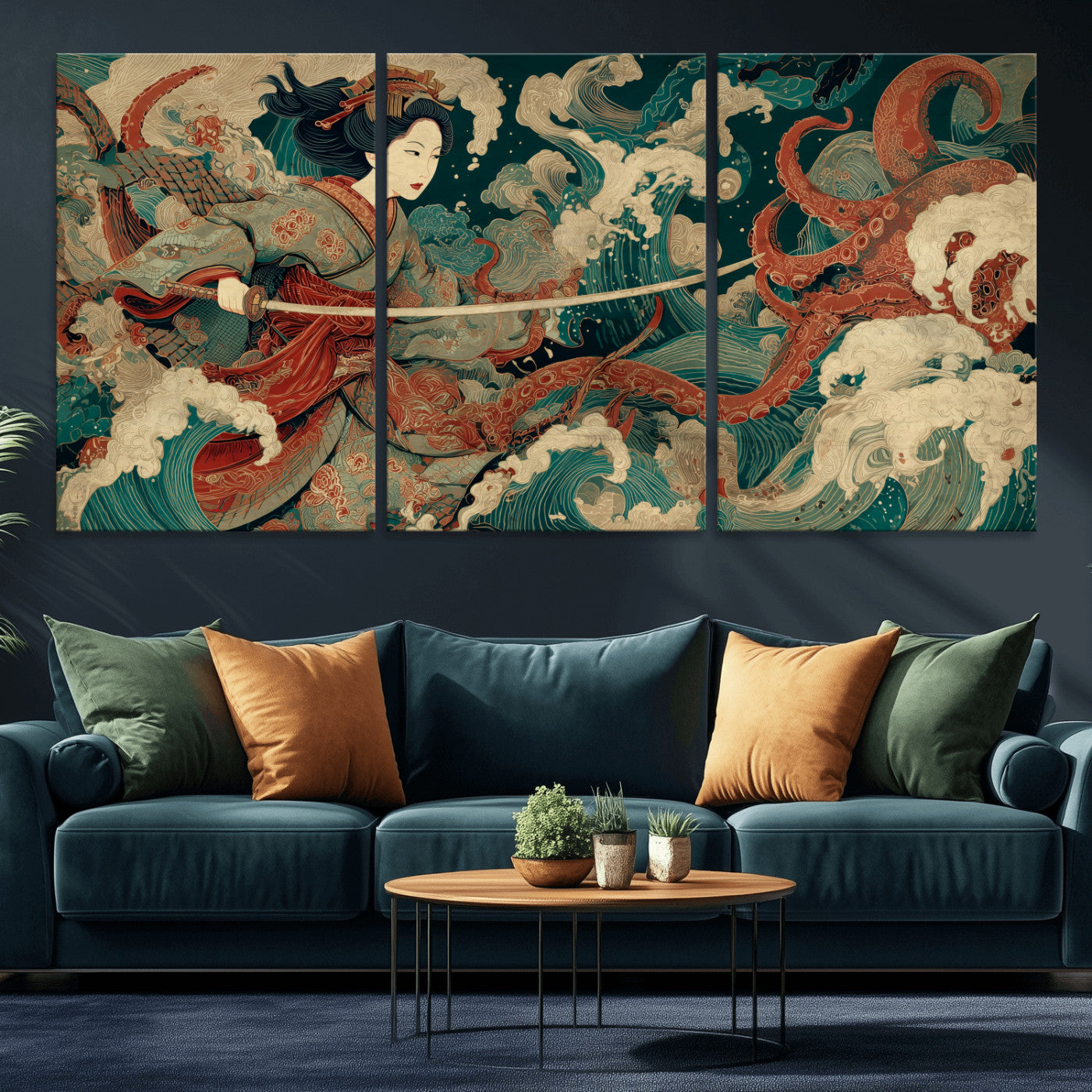 30212982-MGV-CV-36X24-Samurai Woman vs Octopus Wall Art – Japanese Ukiyo-e Style Warrior and Sea Monster Canvas Print, Mythology Inspired Artwork for