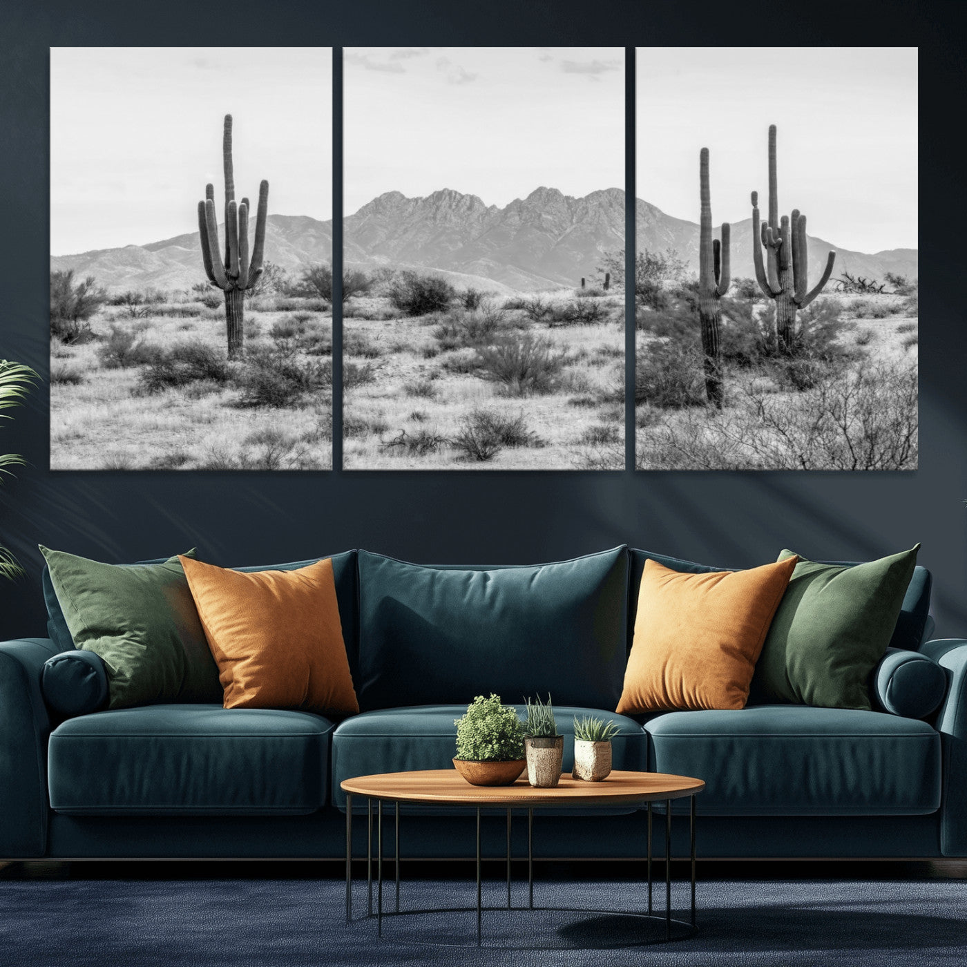 97436PHN-MGV-CV-36X24-Desert Landscape Wall Art – Black and White Cactus and Mountain Canvas Print, Southwestern Nature Photography for Living Room,