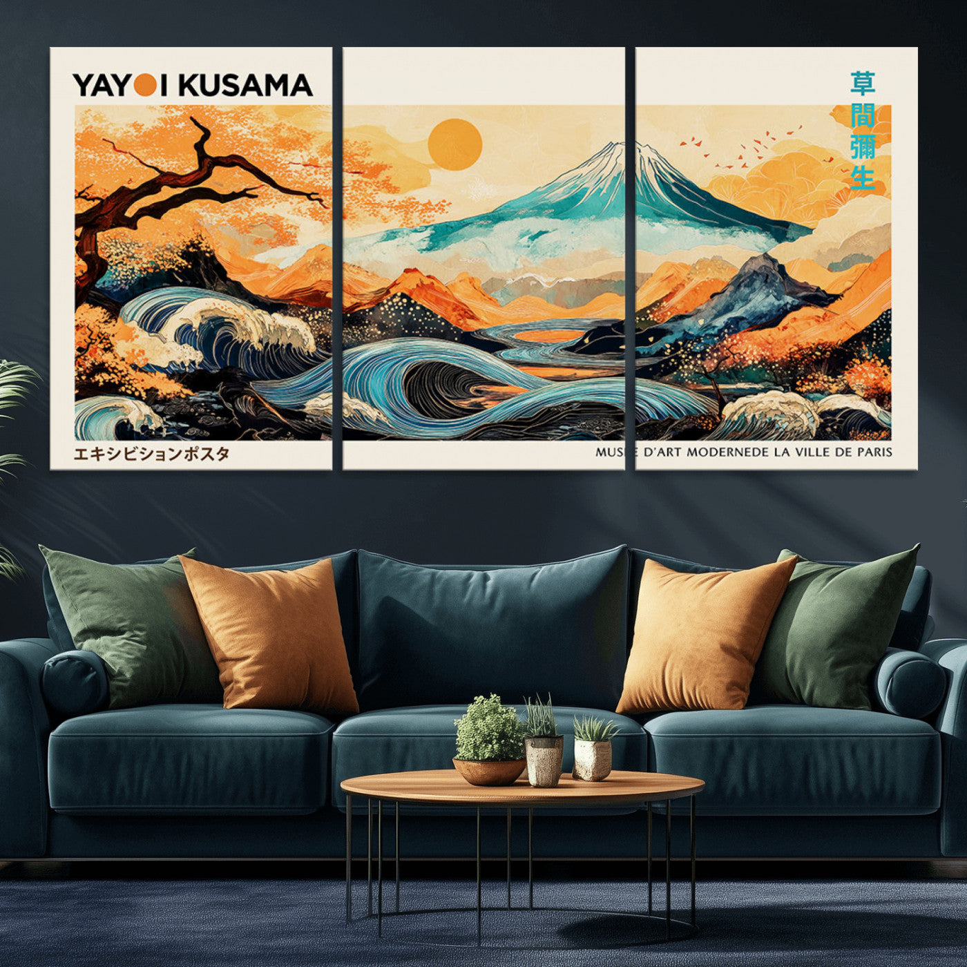94085549-MGV-CV-36X24-Yayoi Kusama Inspired Japanese Landscape Art Print – Vibrant Mount Fuji, Waves & Autumn Trees, Modern Decorative Poster for
