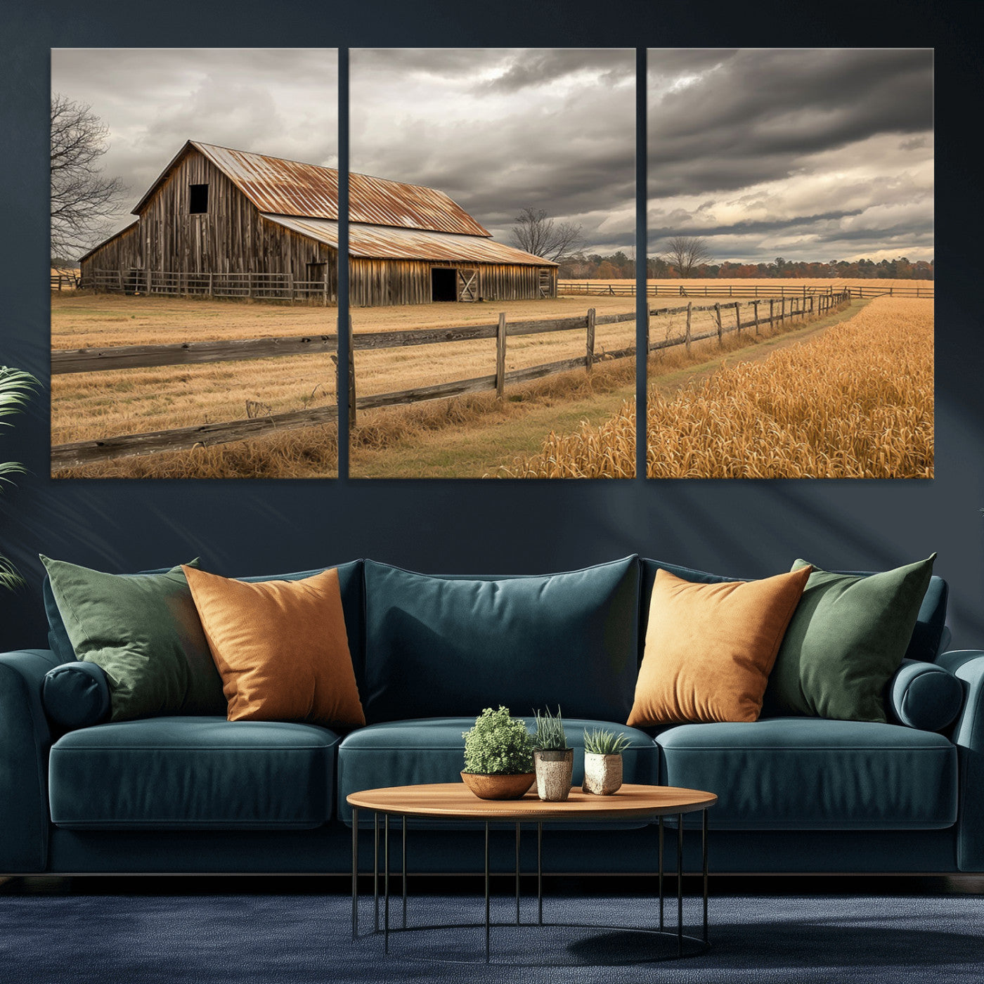 21991117-MGV-CV-36X24-Rustic Barn Wall Art – Weathered Farmhouse Canvas Print, Stormy Sky and Golden Field Photography Decor for Bedroom, Living Room,