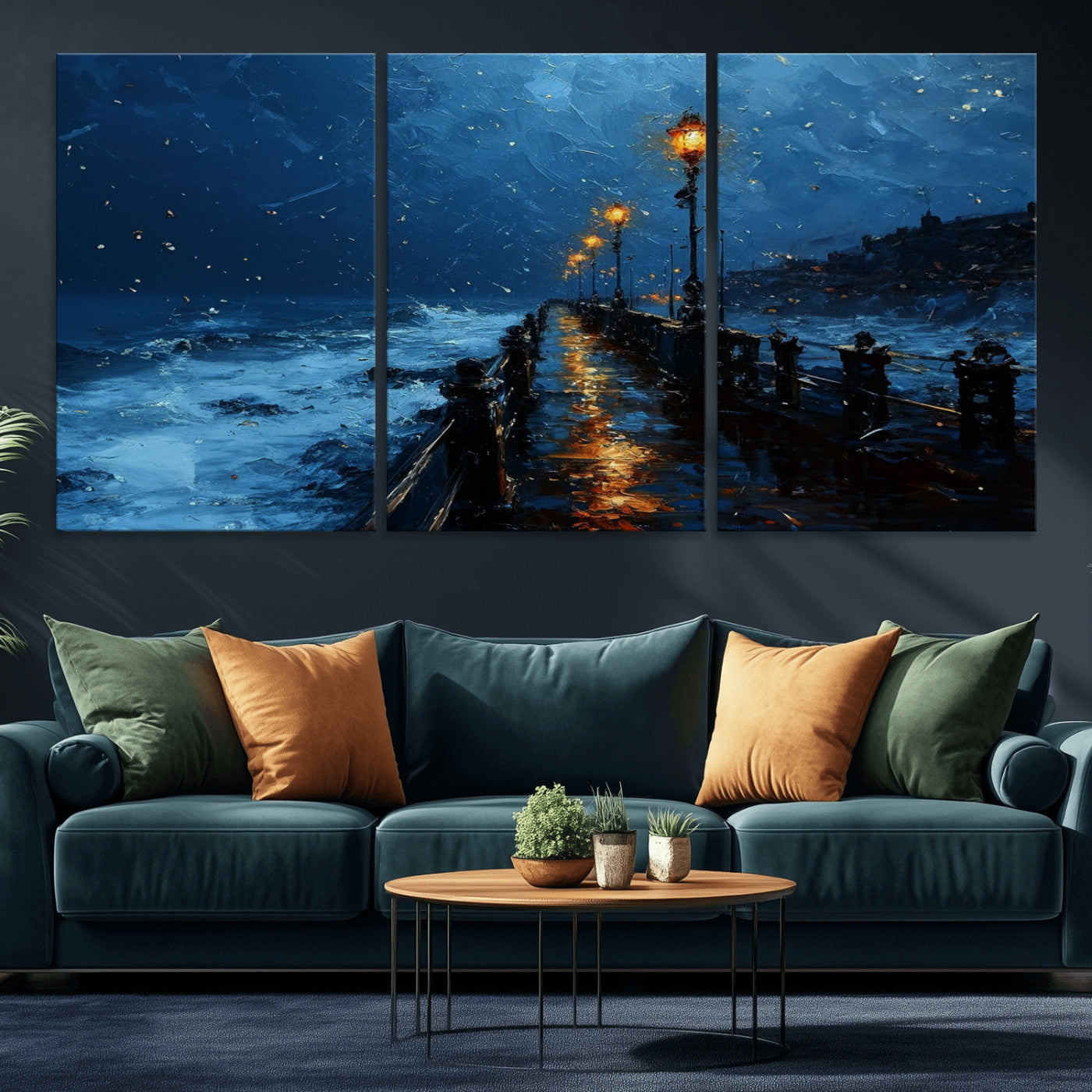 48300530-MGV-CV-36X24-Dark Stormy Pier Canvas Wall Art – Moody Ocean Night Scene with Street Lamps, Blue Coastal Seascape Print for Bedroom, Office, or