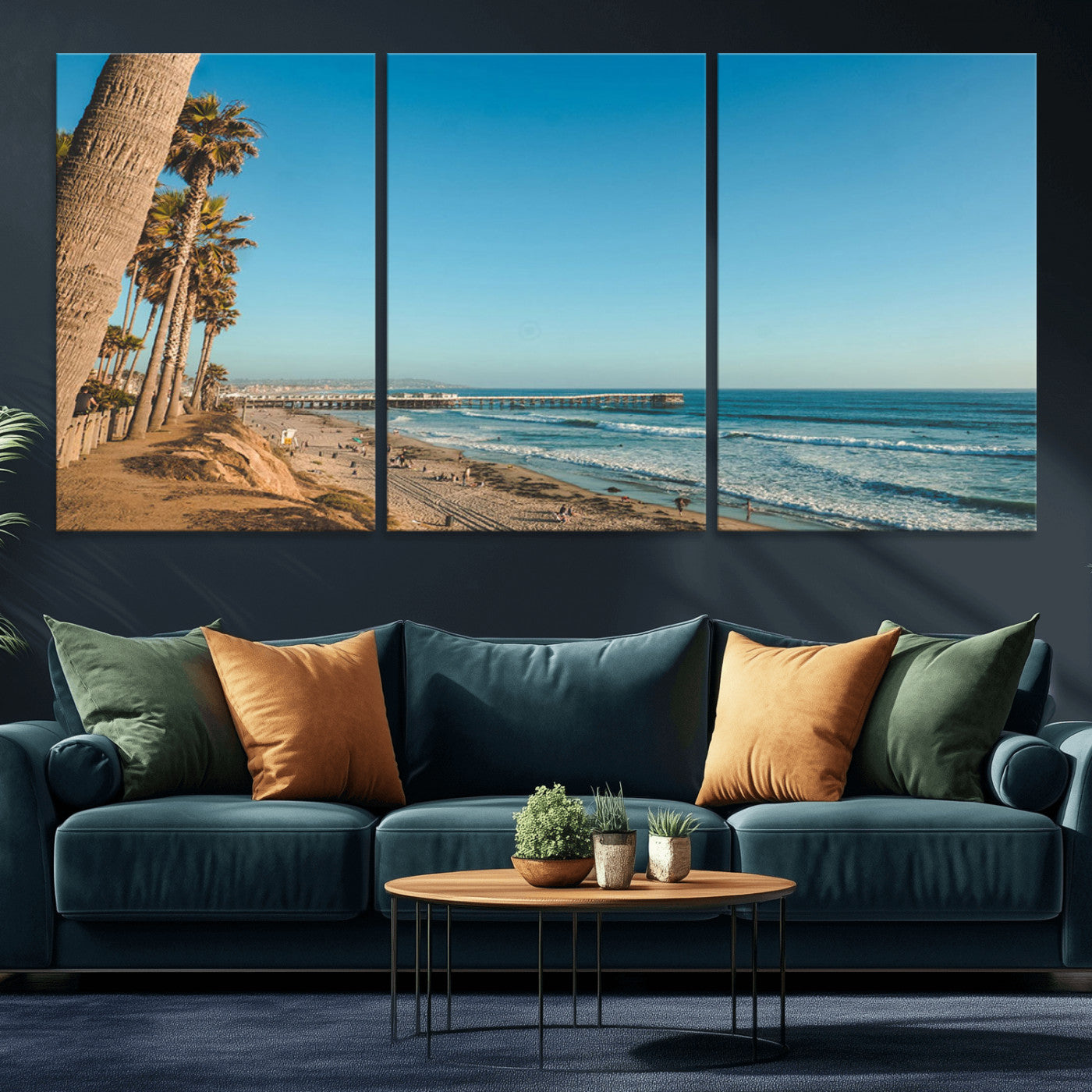 92568259-MGV-CV-36X24-California Beach Wall Art – Palm Tree Pier Canvas Print, Coastal Ocean Photography Seaside Decor for Living Room, Bedroom, Office,