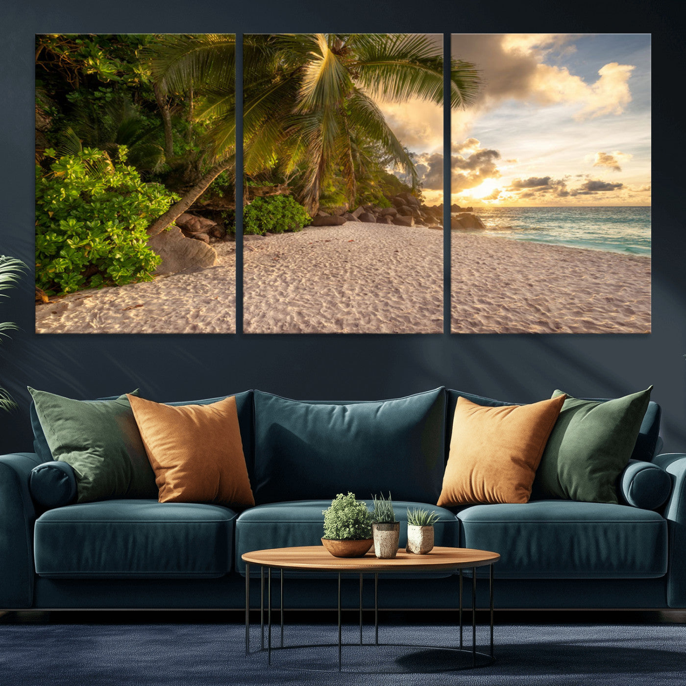 89531159-MGV-CV-36X24-Tropical Beach Sunset Canvas Wall Art – Palm Trees Golden Sand Ocean Waves Coastal Paradise Print for Beach House Bedroom Bathroom