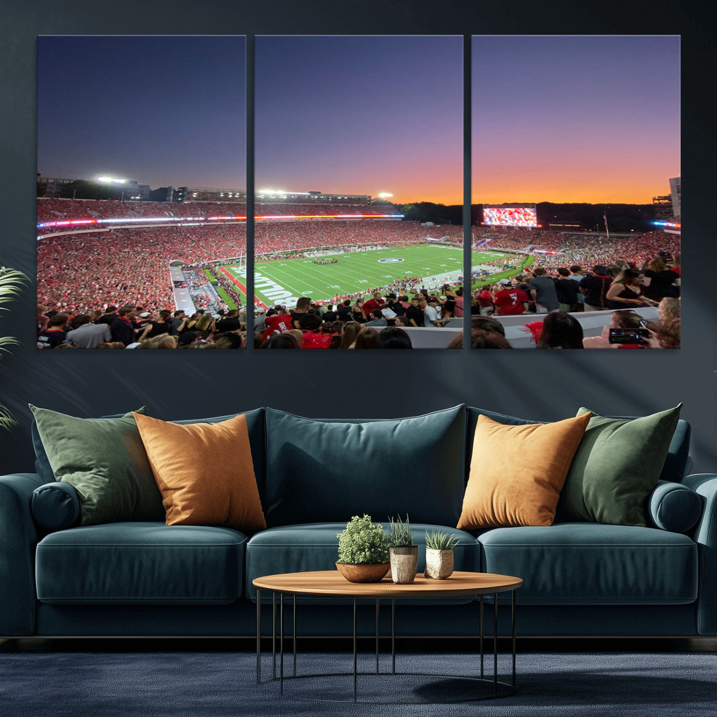 25139565-MGV-CV-36X24-Sanford Stadium Wall Art – Panoramic Georgia Bulldogs Sunset Football Game Canvas Print, Red Crowd Sports Decor for Office, Man