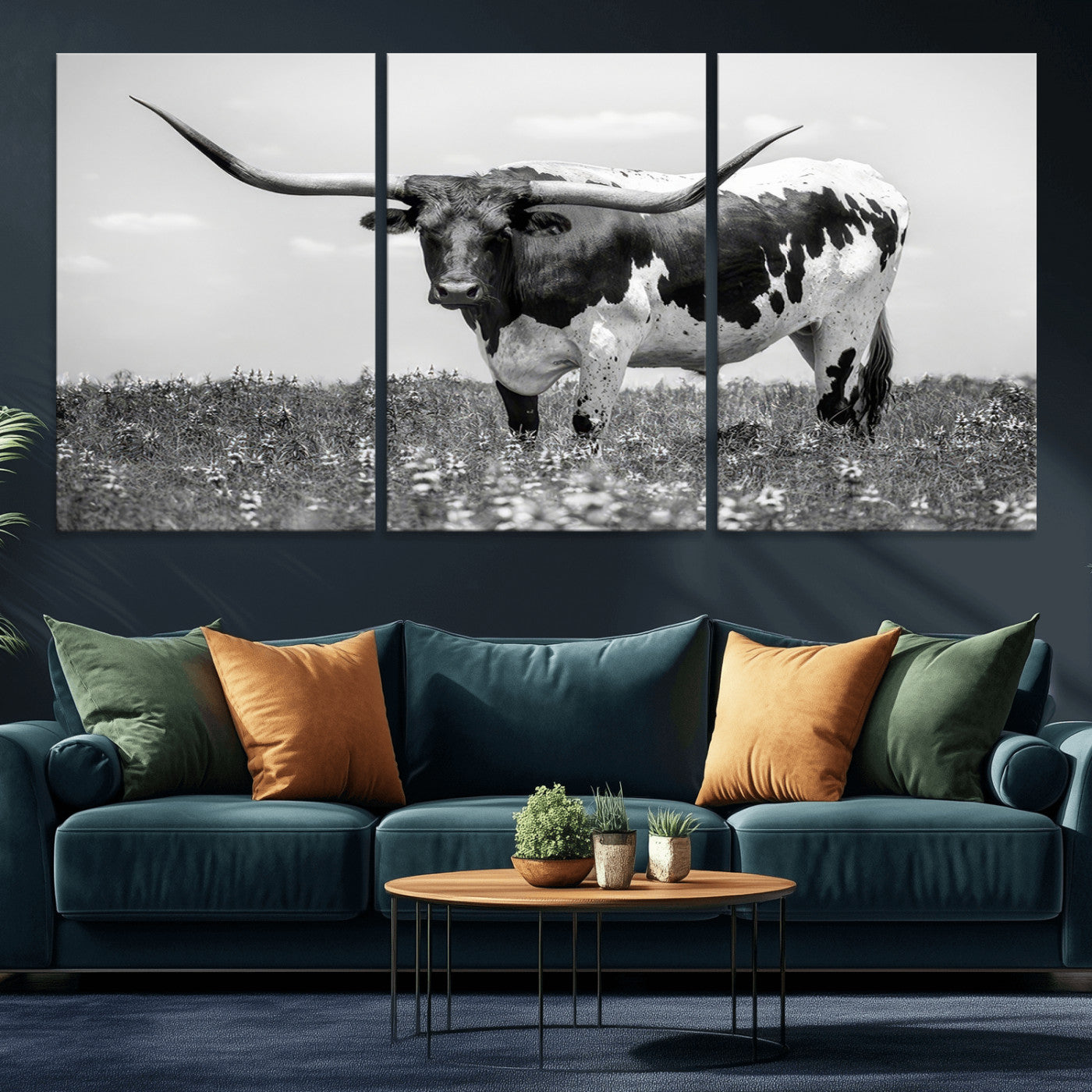 83785-MGV-CV-36X24-Texas Longhorn Wall Art Canvas Print, Framed Horned Bull Art Picture Print, Monochrome Cattle Perfect Rustic Western Decor Artwork