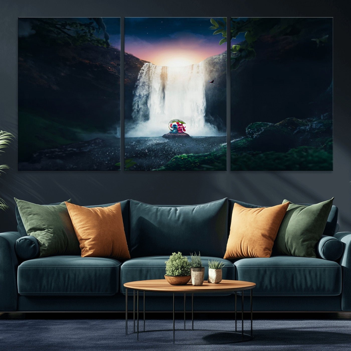 56359-MGV-CV-36X24-Lilo Stitch Wall Art Canvas Print, Framed Stitch Angel Art Picture Print, Cartoon Waterfall Perfect Tropical Fantasy Decor Artwork