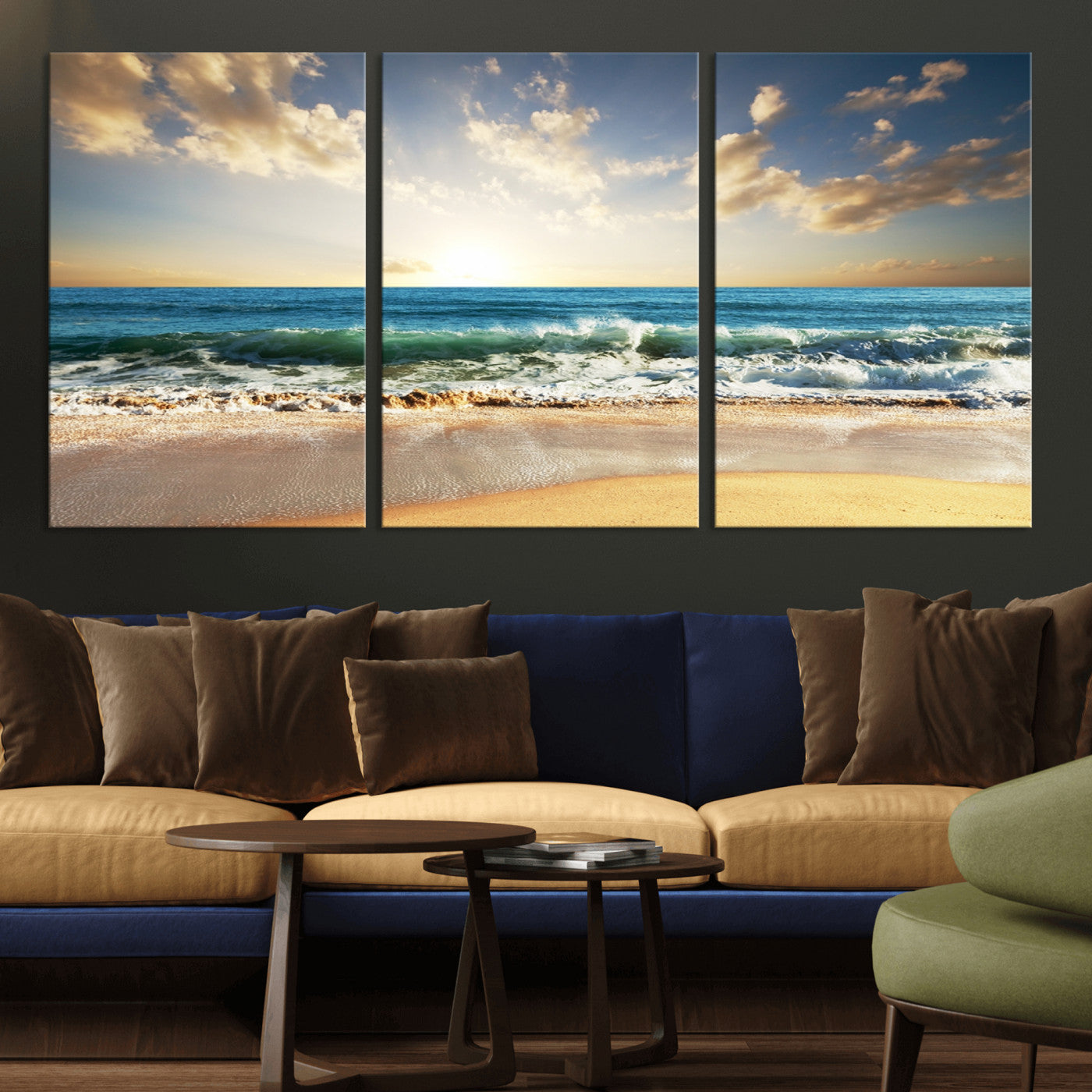 13139-MGV-CV-36X24-Sunrise Beach Wall Art – Ocean Waves and Golden Sand Canvas Print, Coastal Home Decor for Living Room, Bedroom, or Office