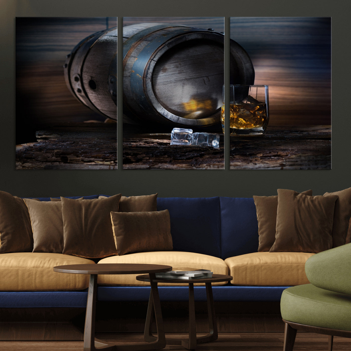 78049-MGV-CV-36X24-Whiskey Barrel Wall Art – Rustic Whiskey Barrel and Glass with Ice Canvas Print, Classic Bar or Lounge Decor for Home, Office, or