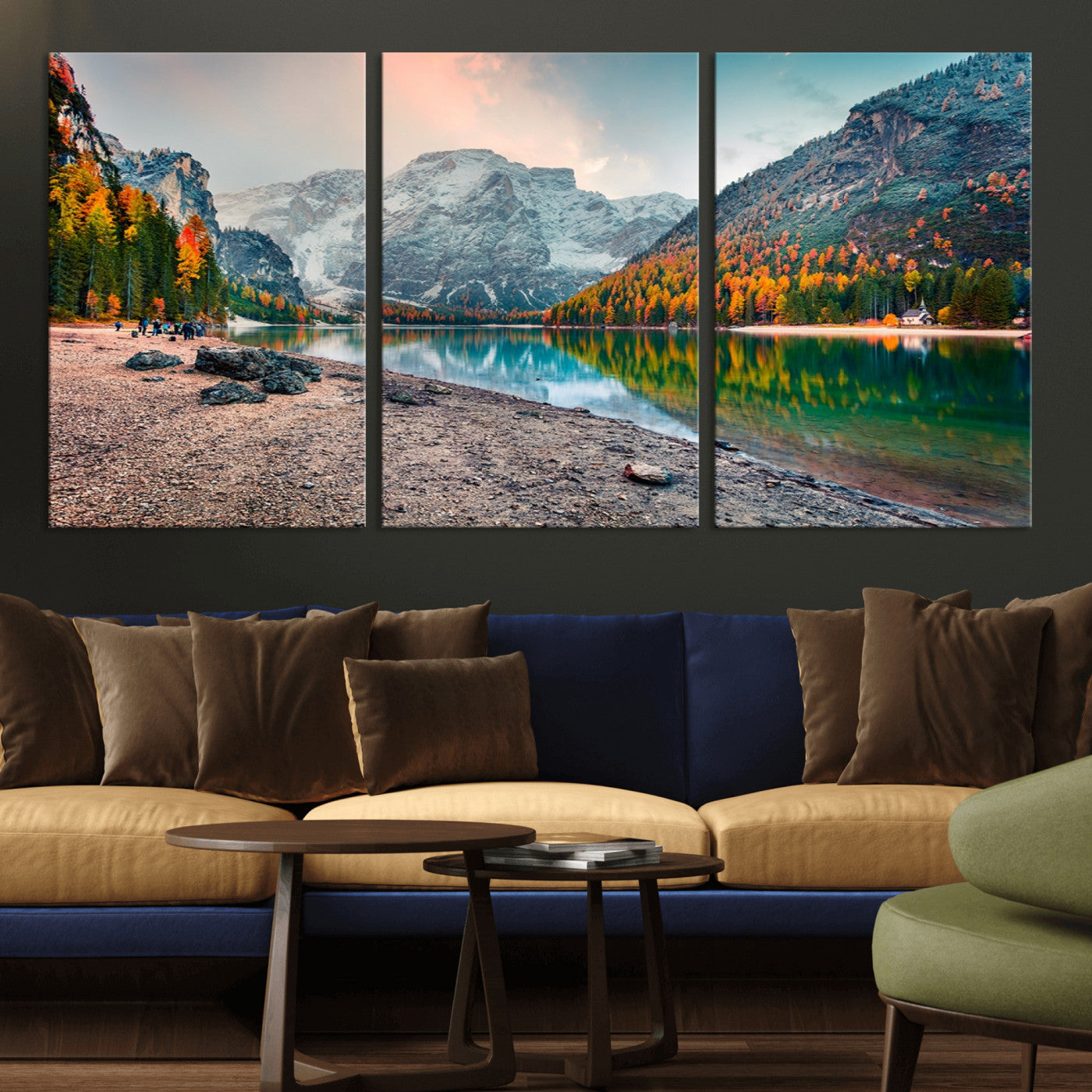 25982-MGV-CV-36X24-Autumn Mountain Lake Wall Art – Panoramic Fall Foliage and Snowy Peaks Canvas Print, Scenic Nature Decor for Living Room or Office